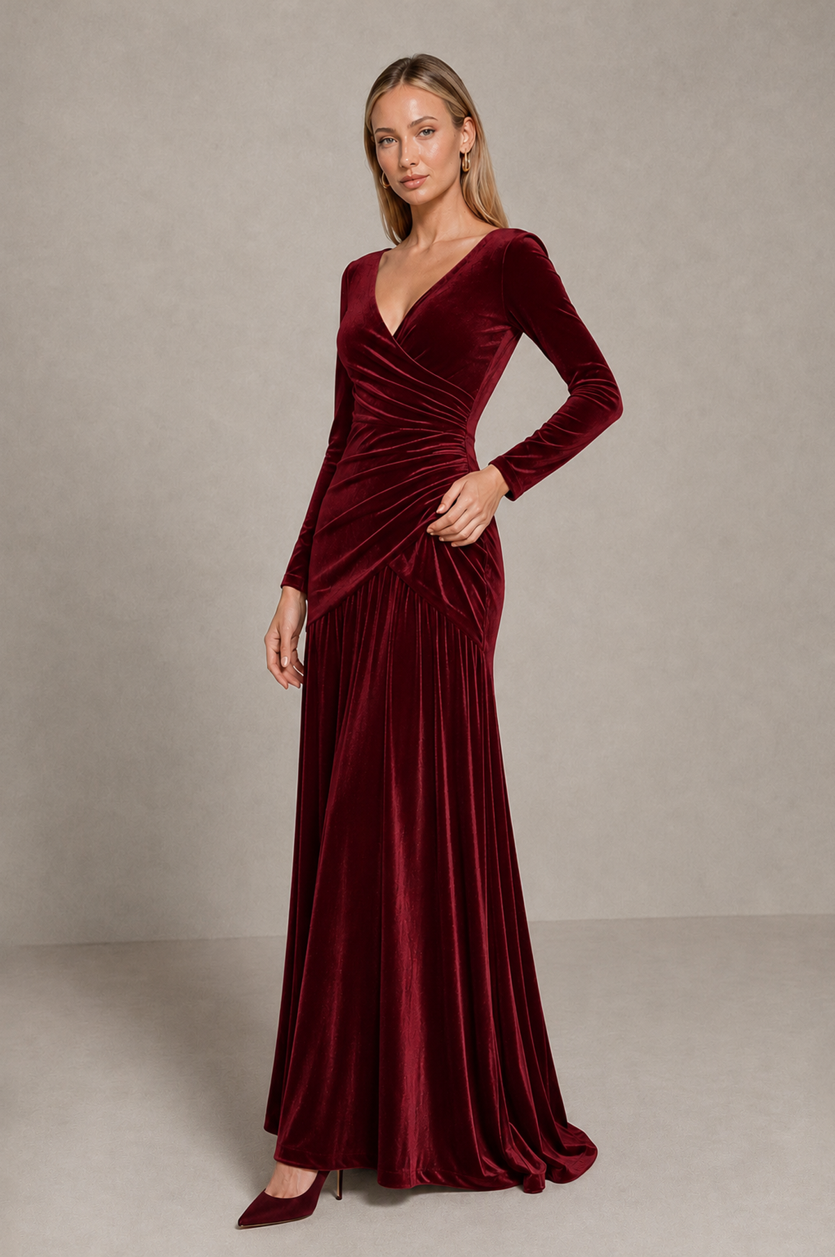 BOLODOO Burgundy Velvet Long Sleeve V-Neck Ruched Evening Dress - Burgundy - Burgundy_4