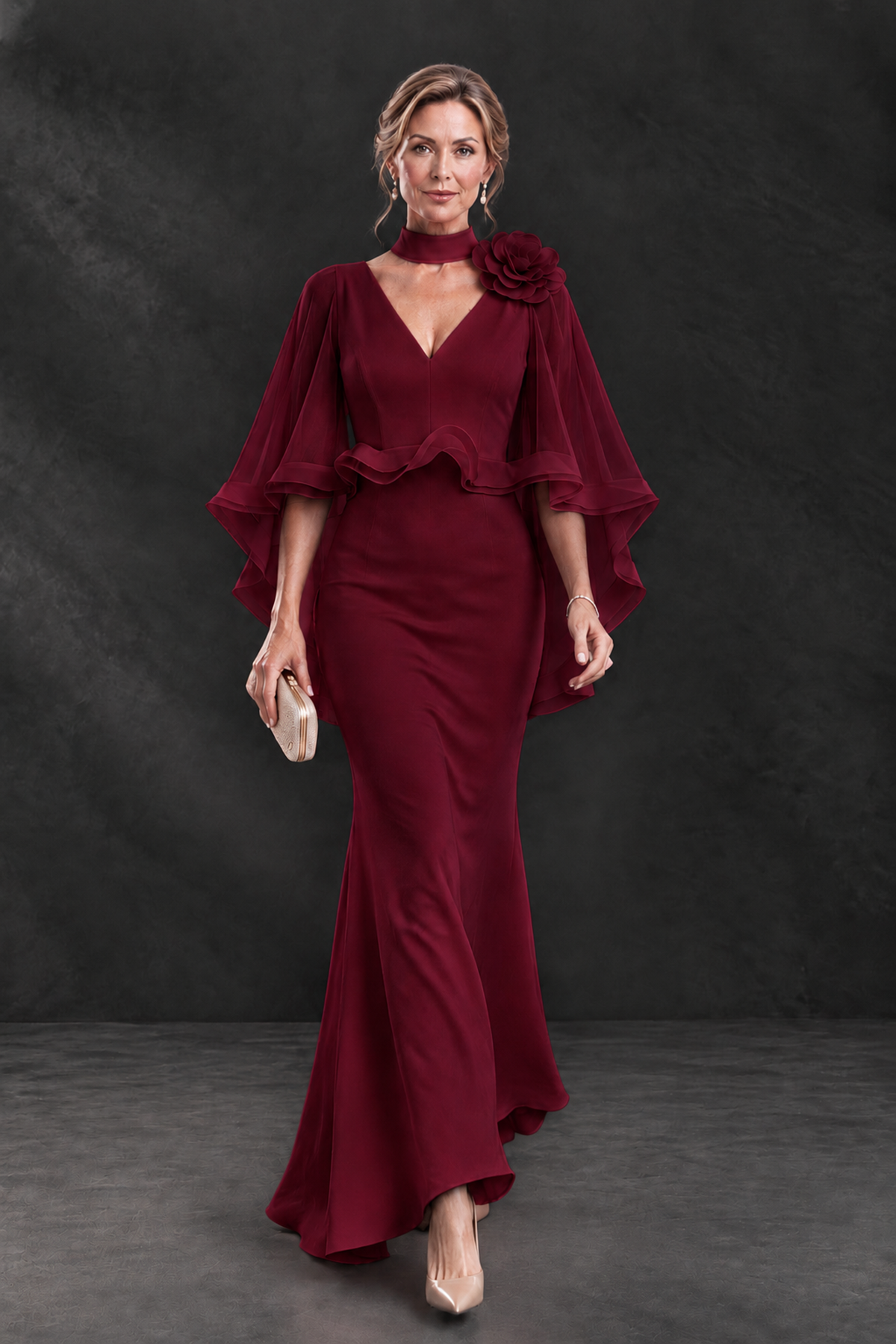 BOLODOO Burgundy Floral Cape Sleeve Mother of the Bride Dress - Burgundy - Burgundy_4