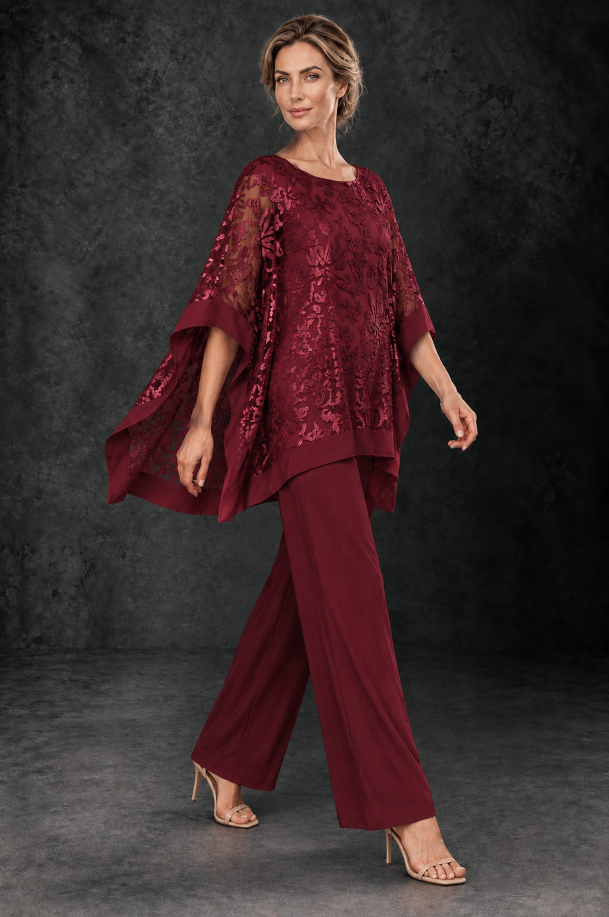 BOLODOO Burgundy Floral Cape Mother of the Bride Pant Suit - Burgundy - Burgundy_4