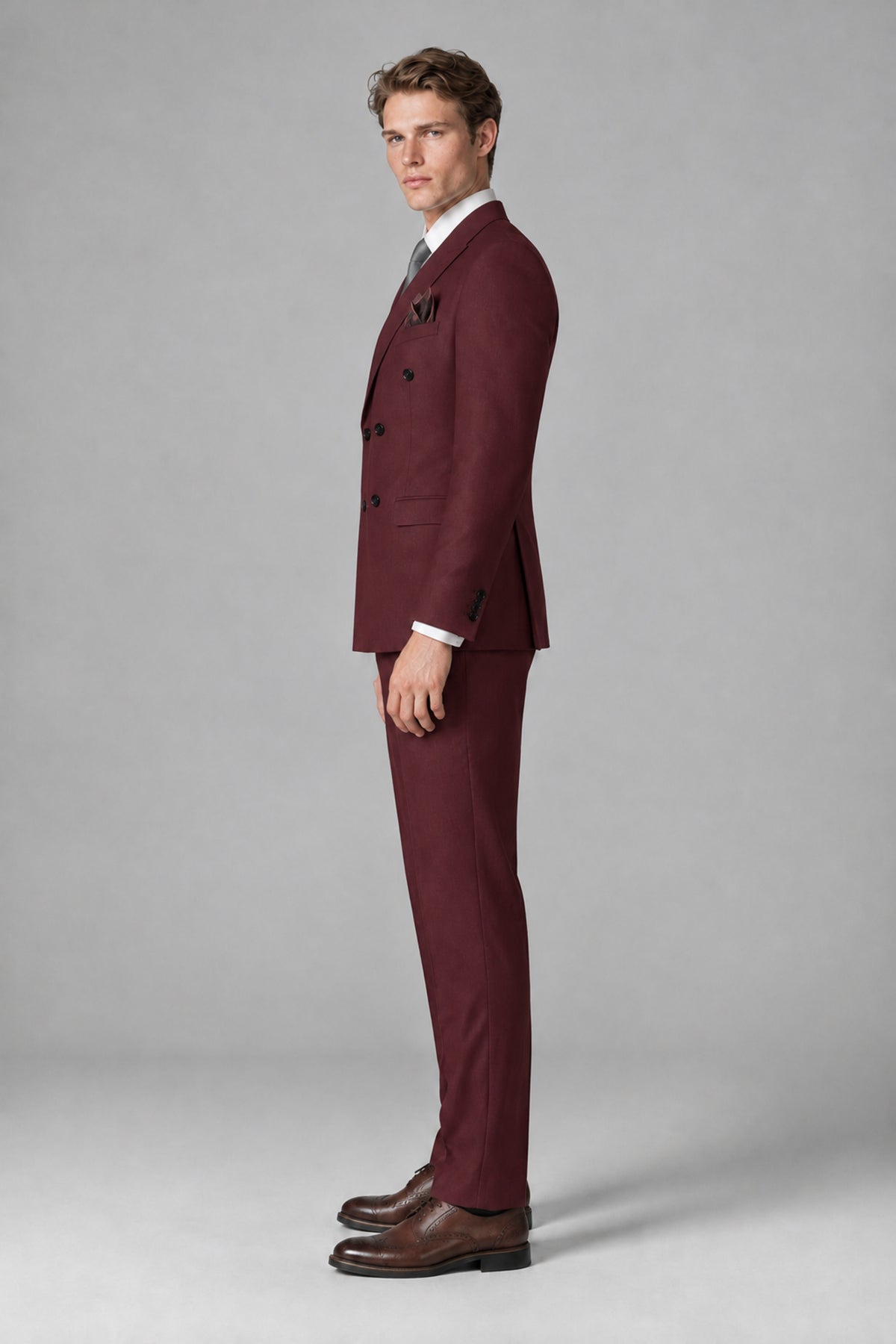Bolodoo Men's Burgundy Double-Breasted Two-Piece Suit with Peak Lapels - Burgundy - Burgundy_4