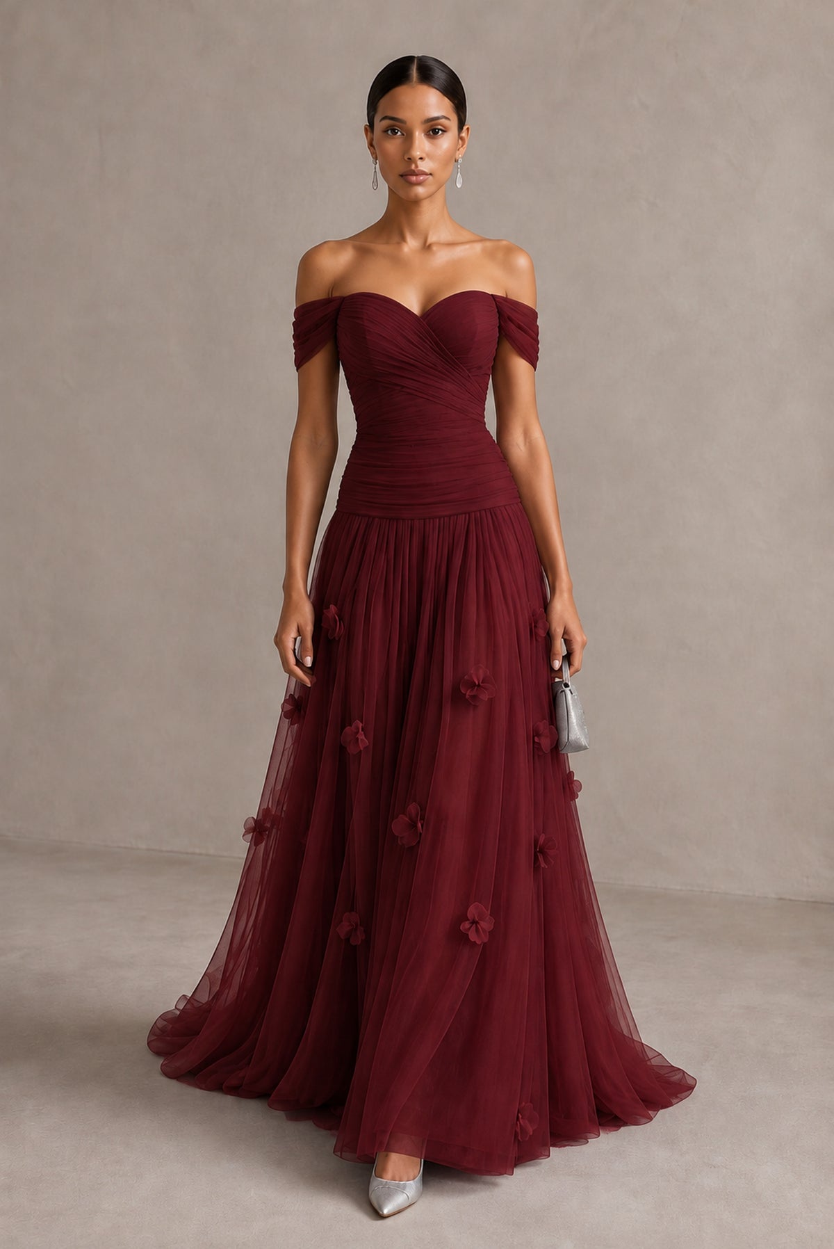Burgundy Off-Shoulder Sweetheart A-Line Tulle Gown with 3D Floral Appliques | BOLODOO - Burgundy