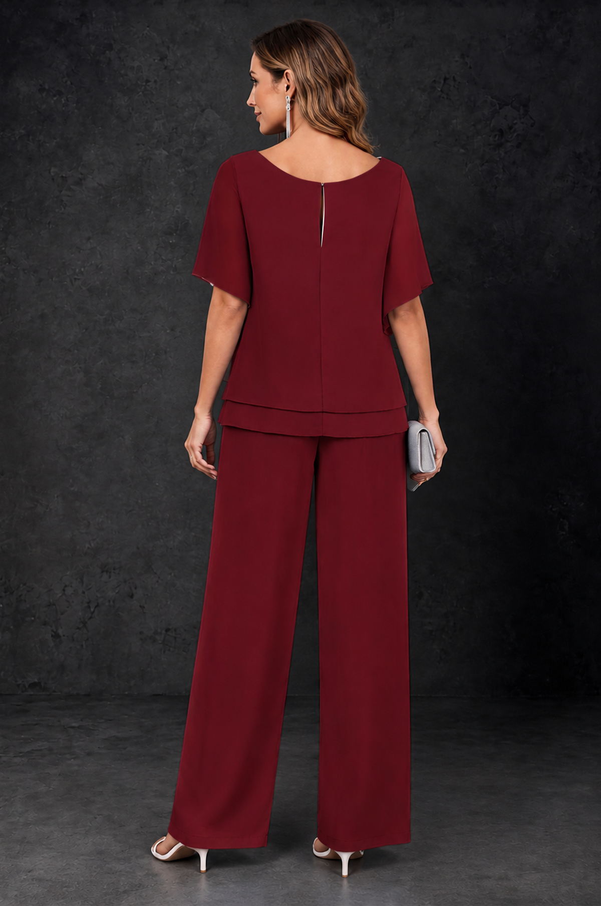 BOLODOO Burgundy Layered Chiffon-Look Mother of the Bride Pantsuit - Burgundy - Burgundy_4