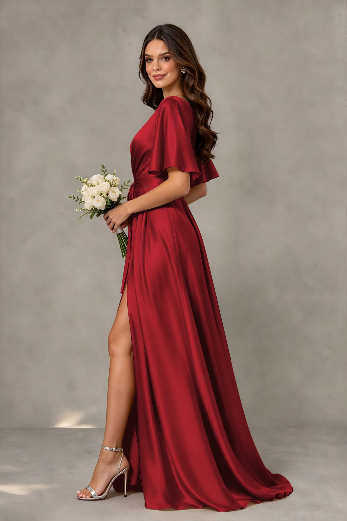 BOLODOO Burgundy Satin V-Neck Flutter Sleeve Bridesmaid Dress with Slit - Burgundy - Burgundy(4)