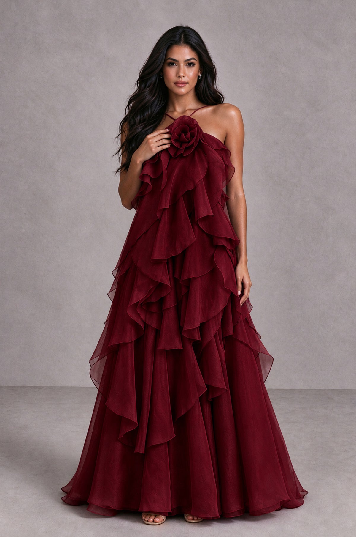 BOLODOO Burgundy Cascading Ruffle Rosette Open-Back Maxi Dress - Burgundy - Burgundy_4