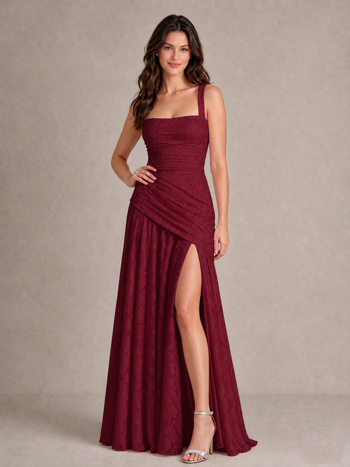 BOLODOO Burgundy Floral Jacquard Bridesmaid Dress with Square Neck, Lace-Up Back & High Slit - Burgundy - Burgundy_4