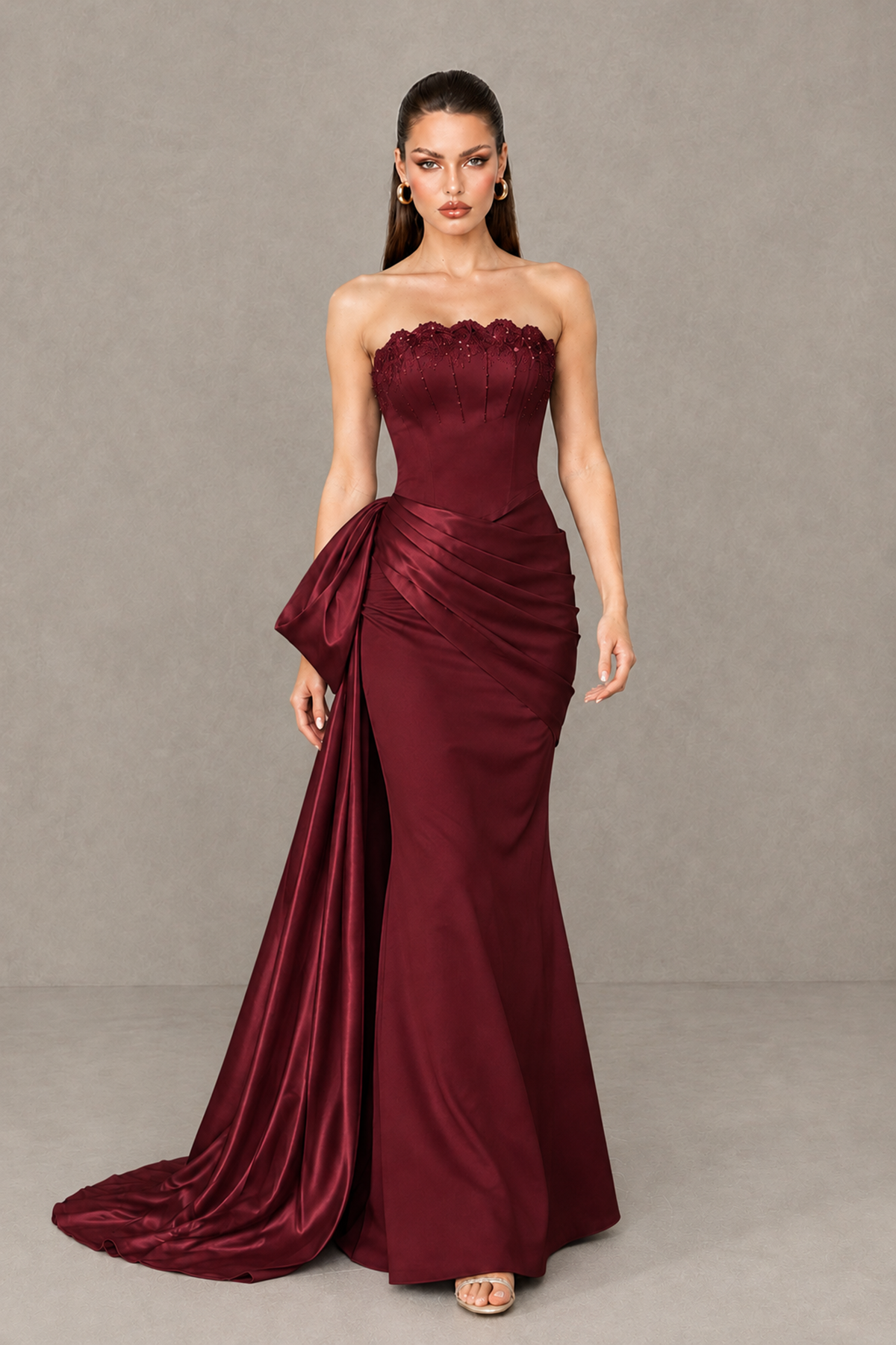 BOLODOO Burgundy Strapless Satin Prom Dress with Draped Side Train - Burgundy - Burgundy_4