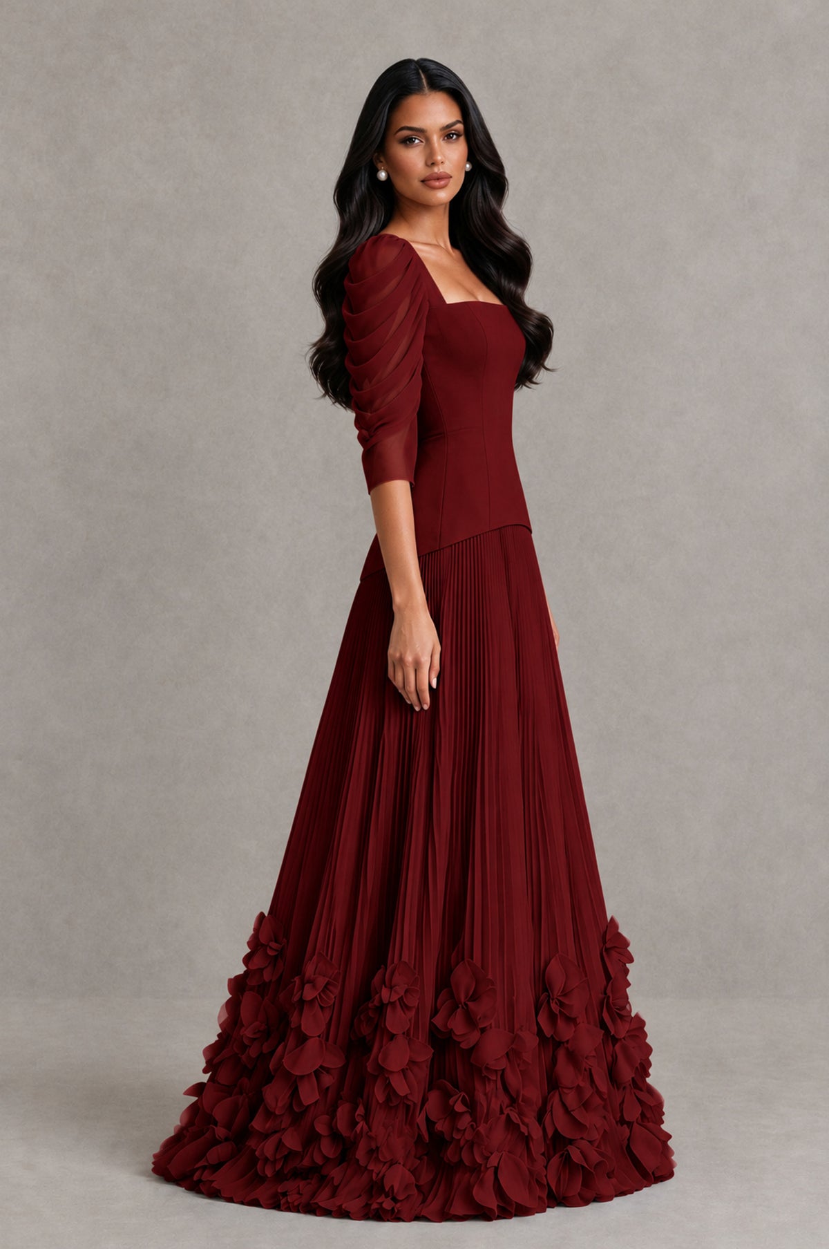 BOLODOO Burgundy Square Neck Pleated Floral Applique Evening Dress - Burgundy - Burgundy_4