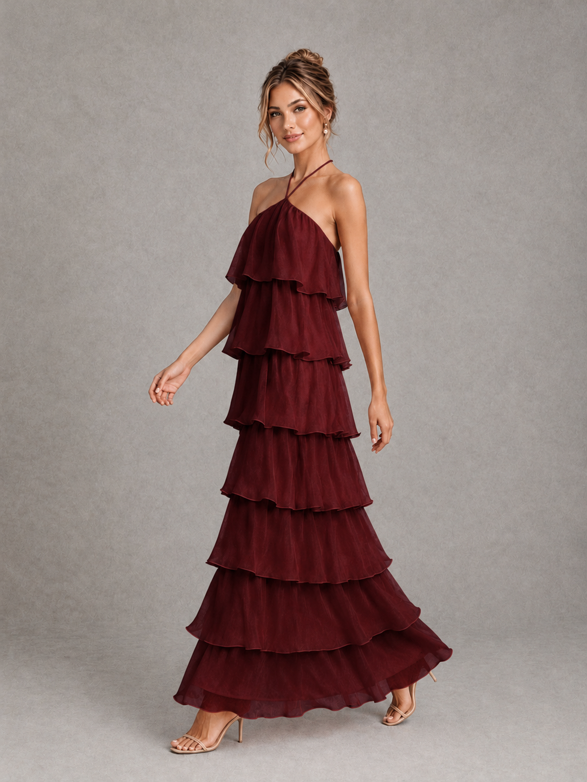 BOLODOO Burgundy Halter Tiered Ruffle Maxi Bridesmaid Dress - Burgundy - Burgundy_4