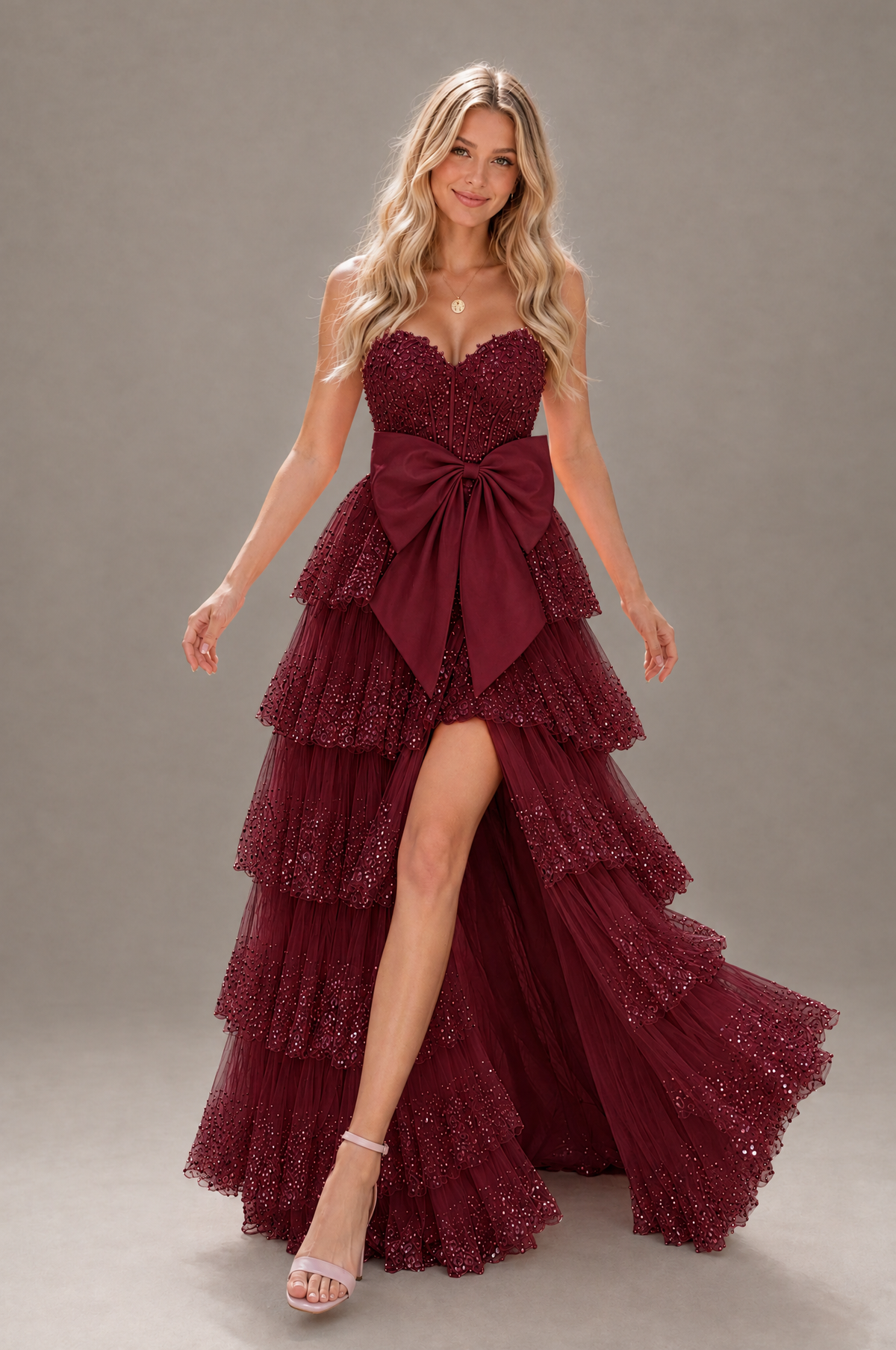 BOLODOO Burgundy Strapless Tiered Tulle Prom Dress with Bow - Burgundy - Burgundy_4