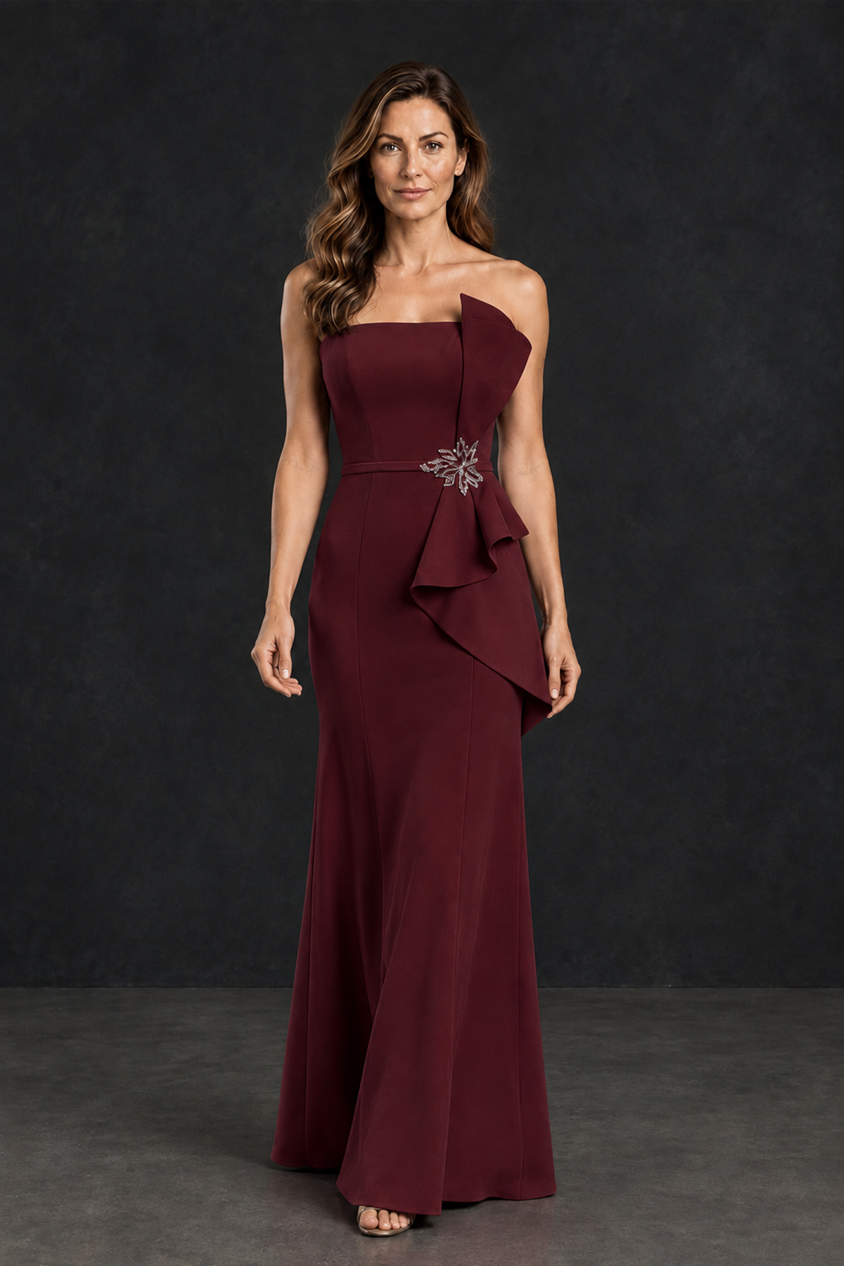BOLODOO Burgundy Strapless Mother of the Bride Dress with Ruffle Detail - Burgundy - Burgundy_4