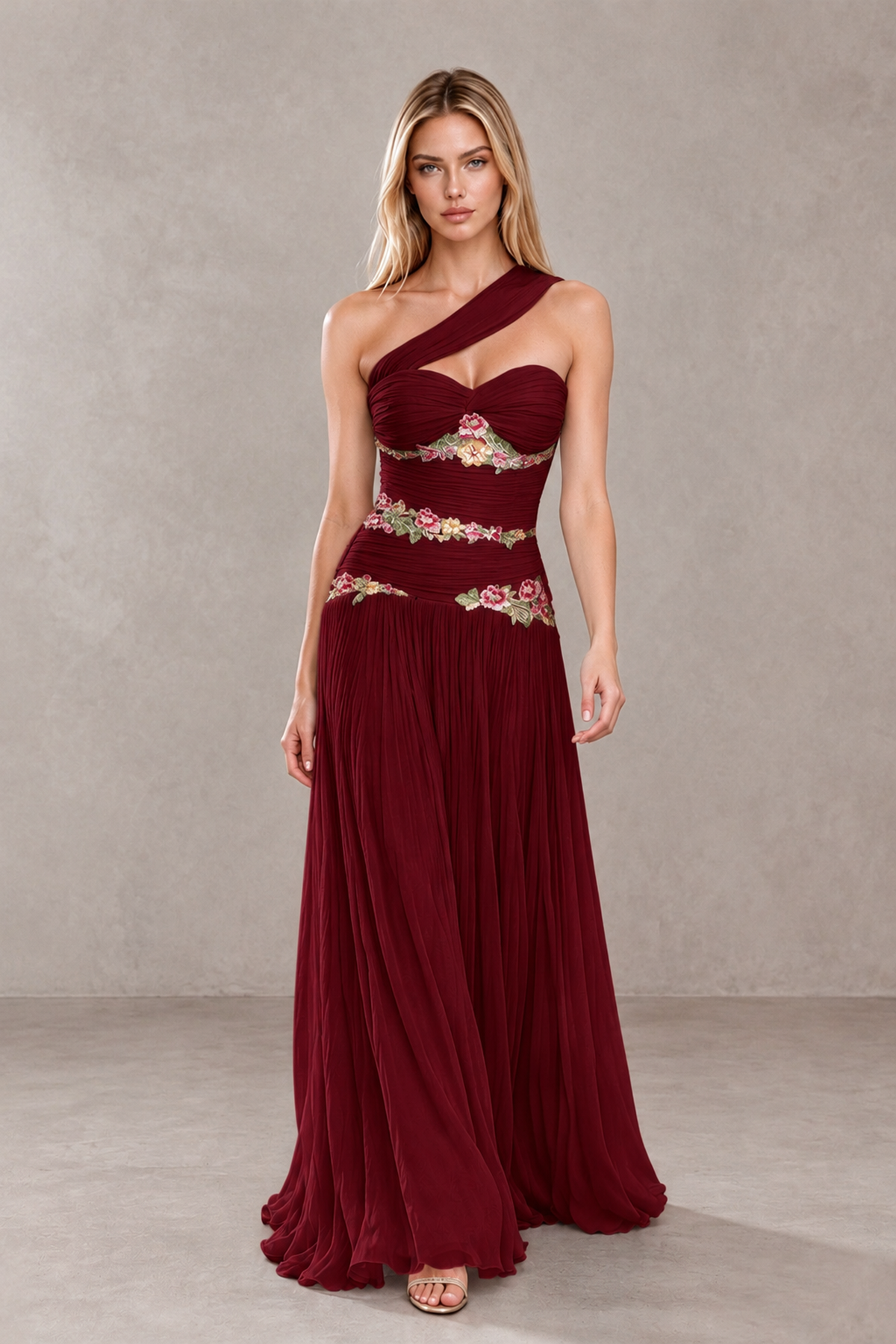 BOLODOO Burgundy One-Shoulder Floral Applique A-Line Evening Dress - Burgundy - Burgundy_4