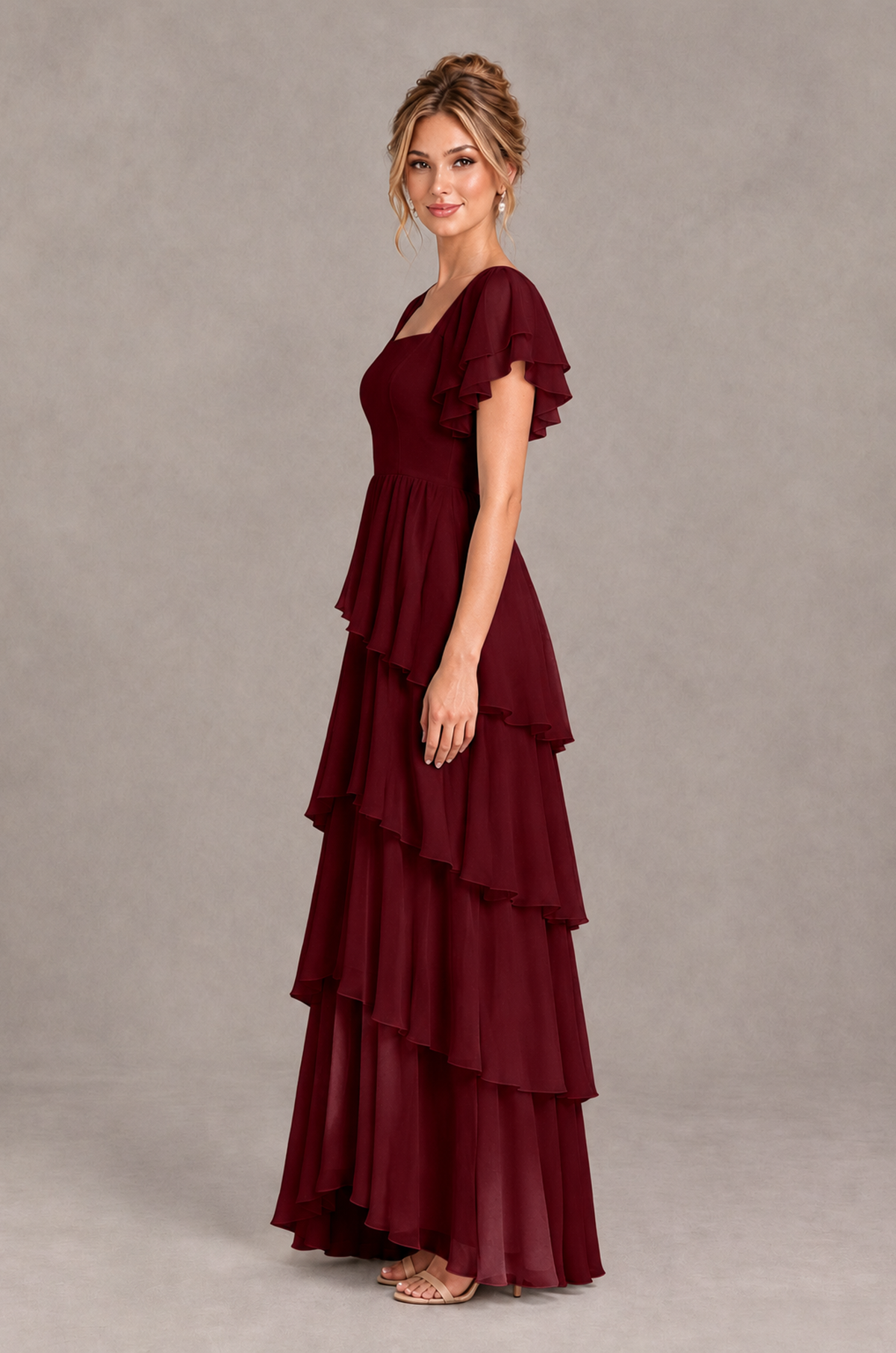 BOLODOO Burgundy Square Neck Flutter Sleeve Tiered Chiffon Bridesmaid Dress with Lace-Up Back - Burgundy - Burgundy_4
