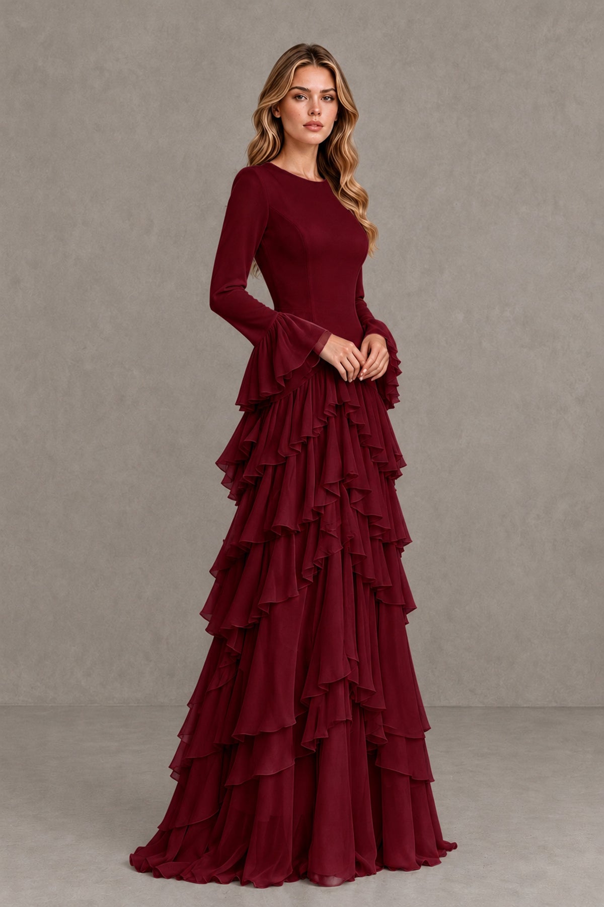 Burgundy Long Sleeve Tiered Ruffle Evening Gown - Burgundy - Burgundy_4