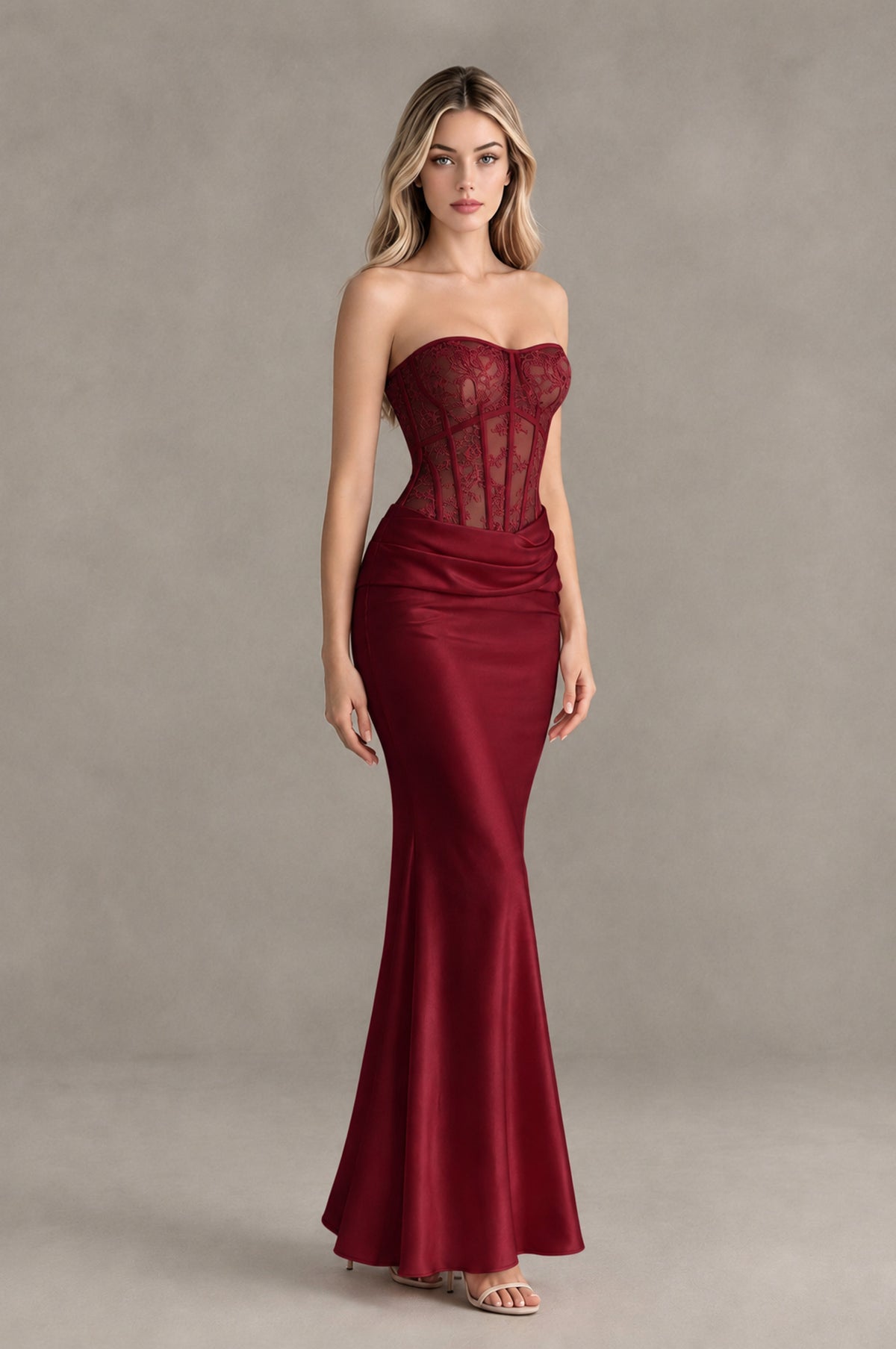 BOLODOO Burgundy Strapless Lace Corset Wedding Guest Dress - Burgundy - Burgundy_4