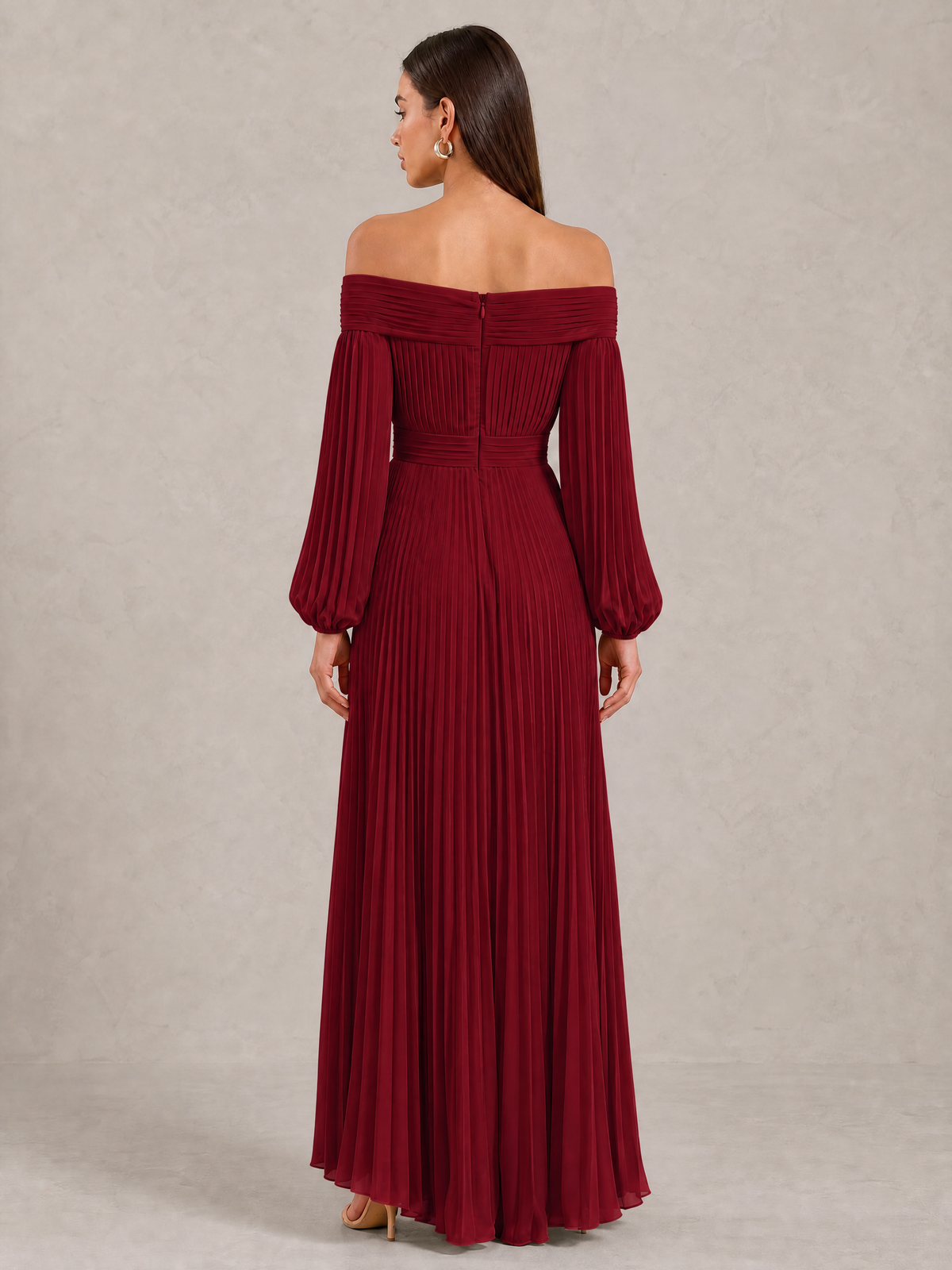 BOLODOO Burgundy Off-Shoulder Long Sleeve Pleated High-Low Dress - Burgundy - Burgundy_4
