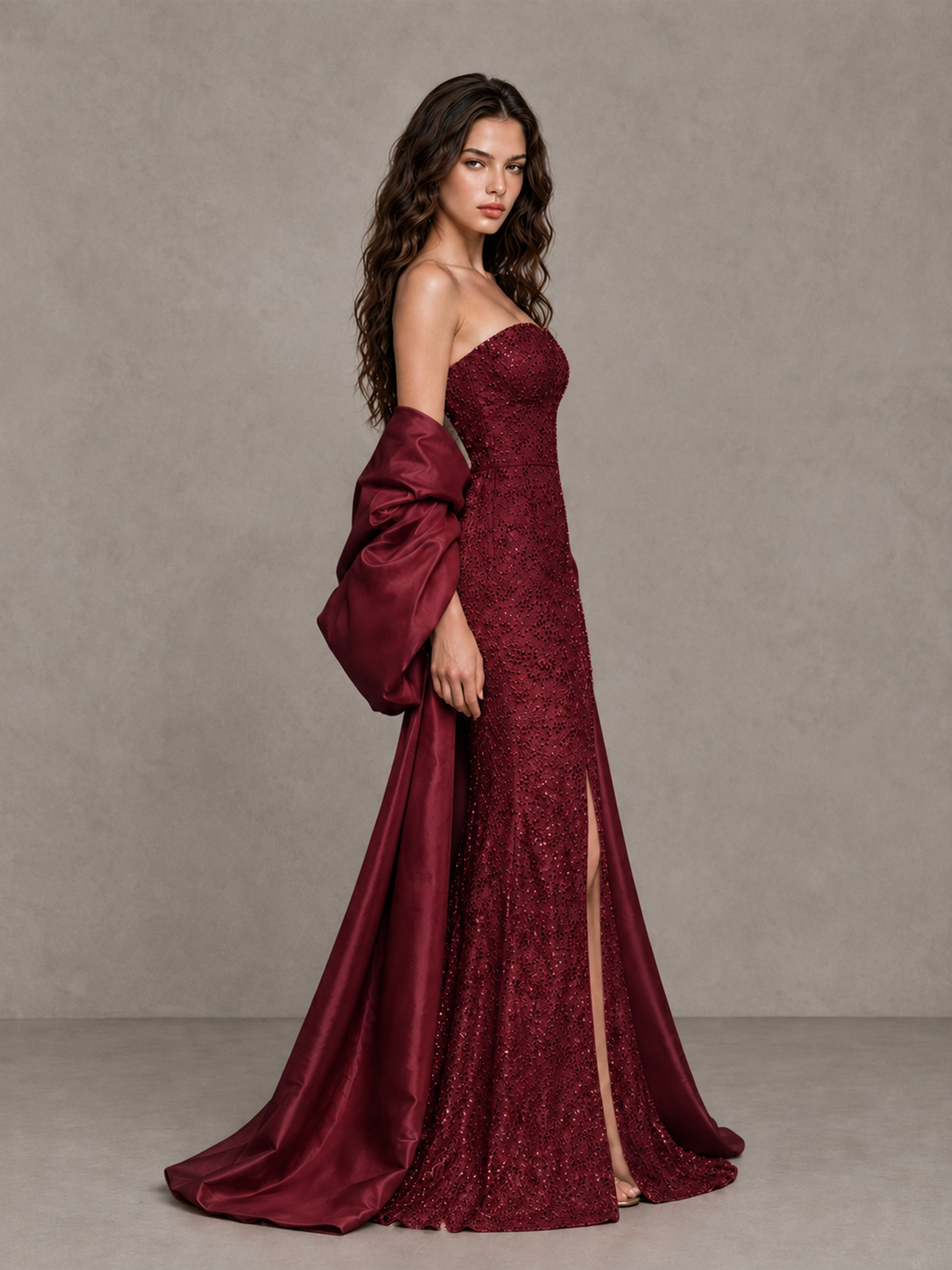BOLODOO Burgundy Strapless Sparkle Mermaid Prom Dress with Front Slit and Draped Sleeves - Burgundy - Burgundy_4