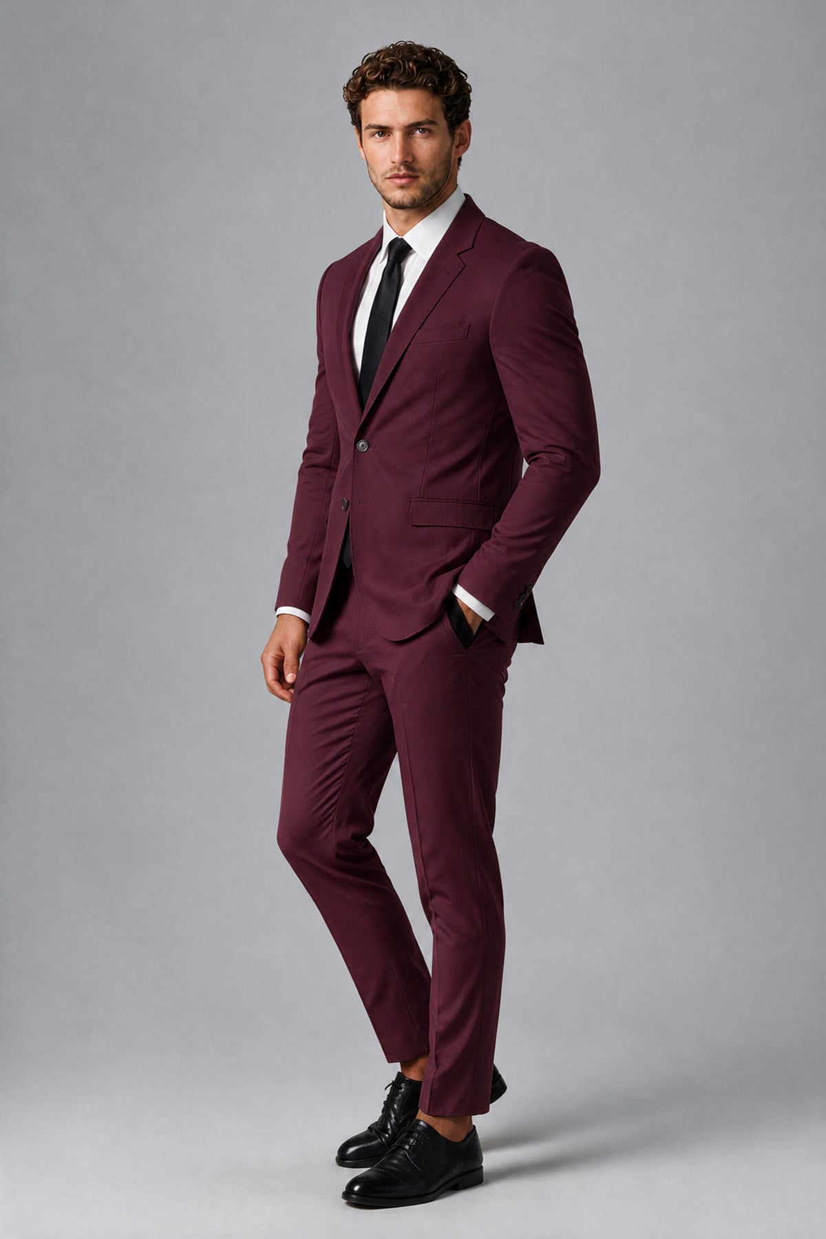 Bolodoo Men's Burgundy Two-Piece Suit with Notch-Lapel Jacket & Trousers - Burgundy - Burgundy_4
