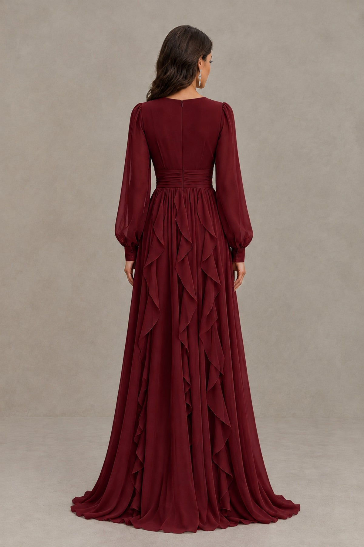BOLODOO Burgundy Long Sleeve V-Neck Ruffle Maxi Dress - Burgundy
