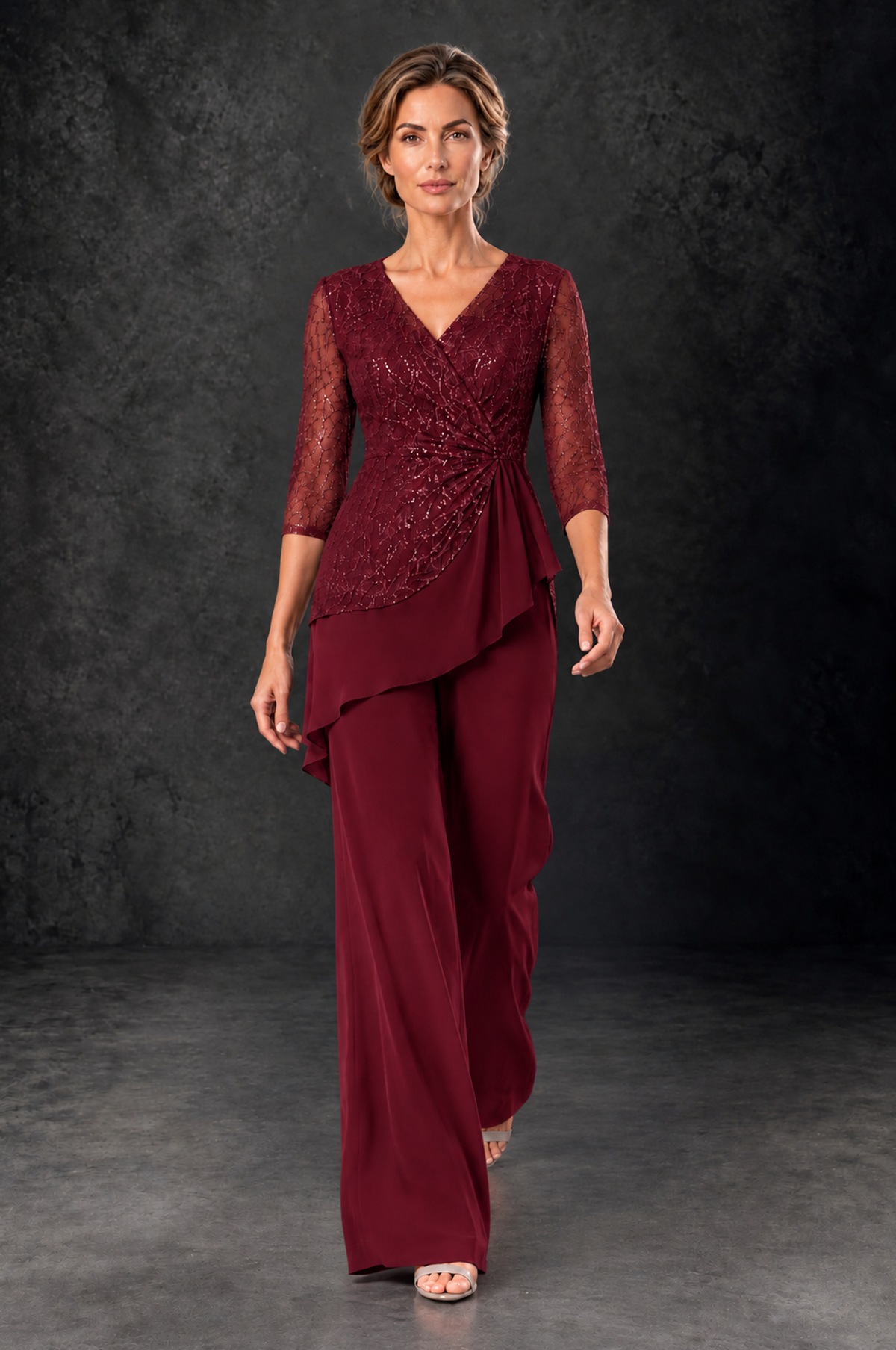 BOLODOO Burgundy Sequin Lace 3/4 Sleeve Chiffon Mother of the Bride Pant Suit - Burgundy - Burgundy_4