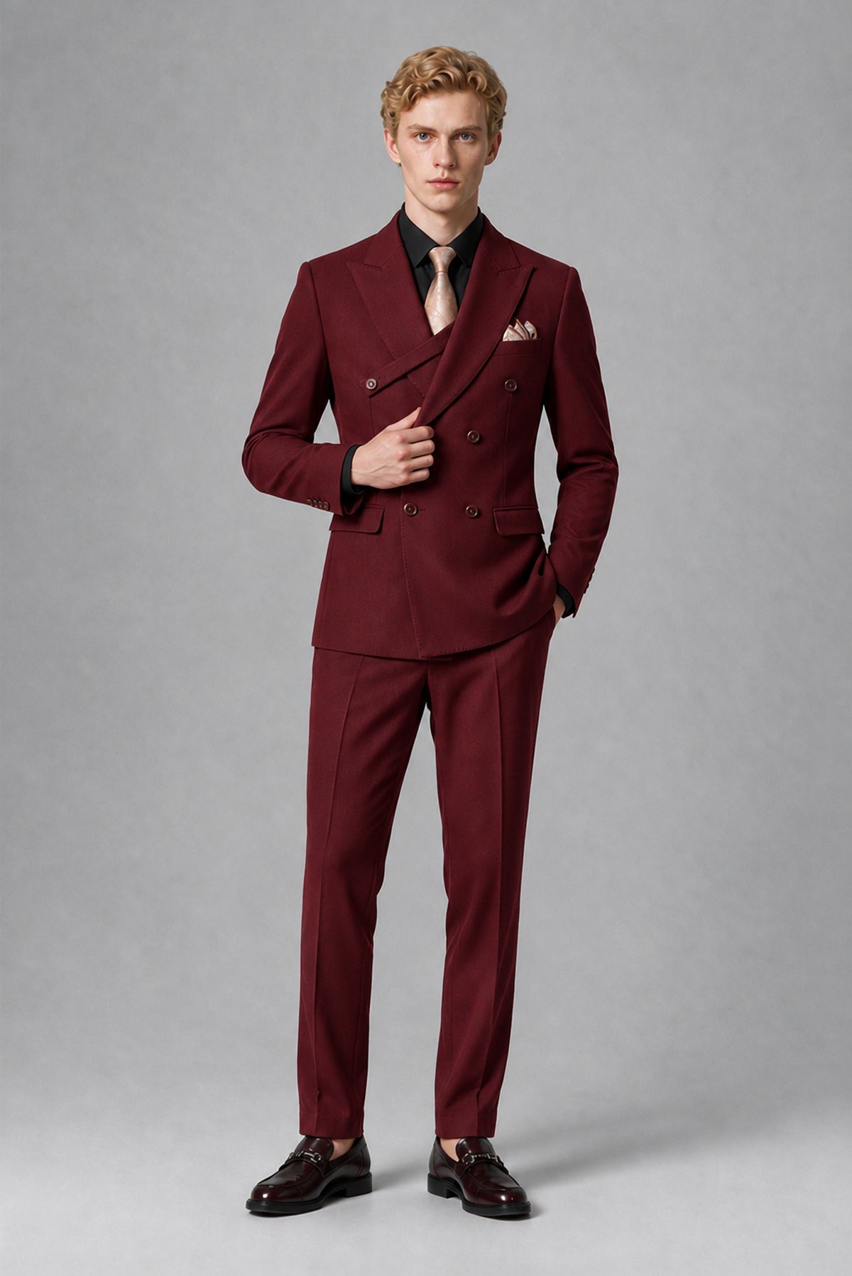 BOLODOO Men's Burgundy Double-Breasted Two-Piece Suit – Jacket & Trousers - Burgundy