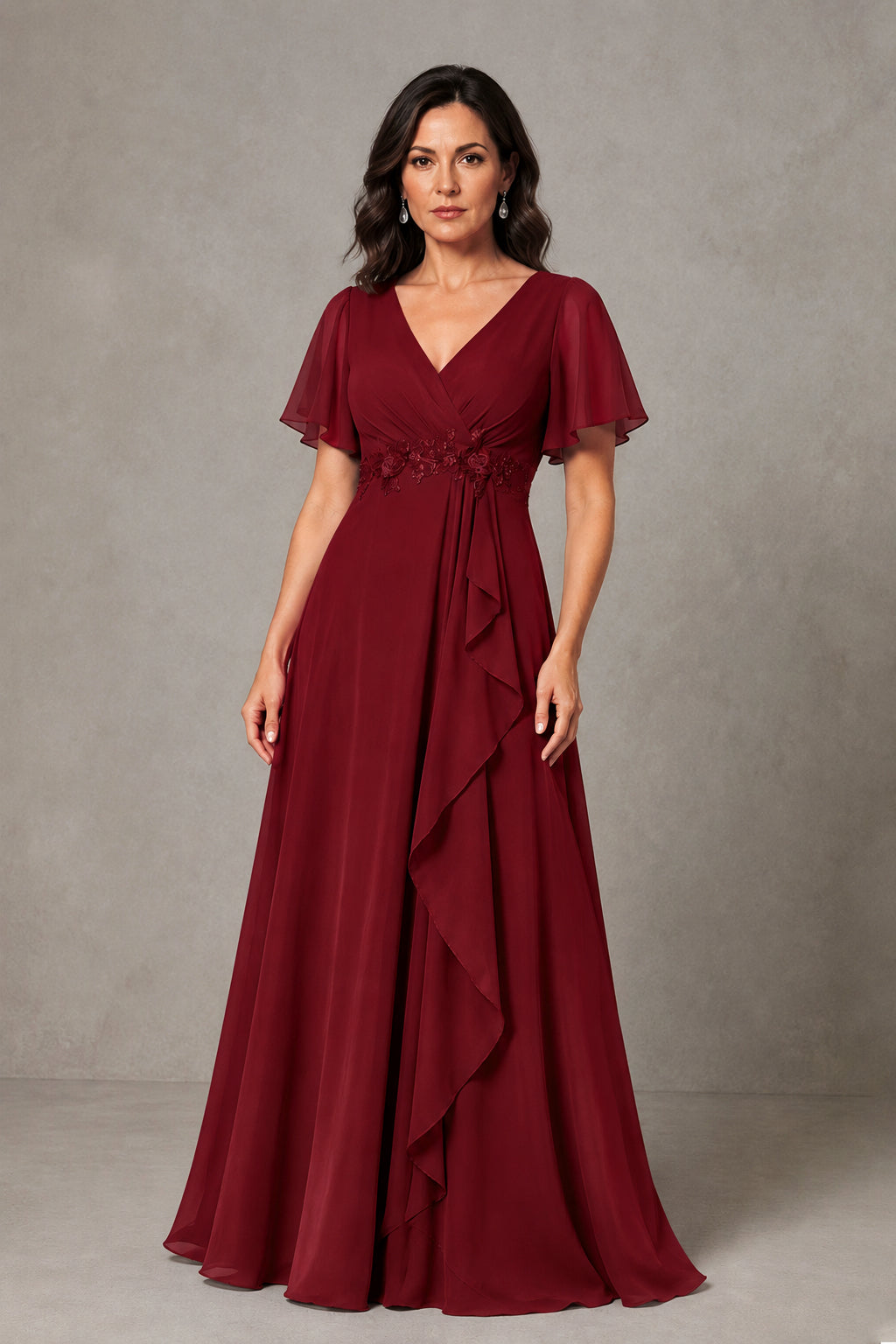 BOLODOO Burgundy Chiffon V-Neck Flutter Sleeve Floral Applique Cascade Ruffle Lace-Up Back A-Line Maxi Evening Dress - Burgundy