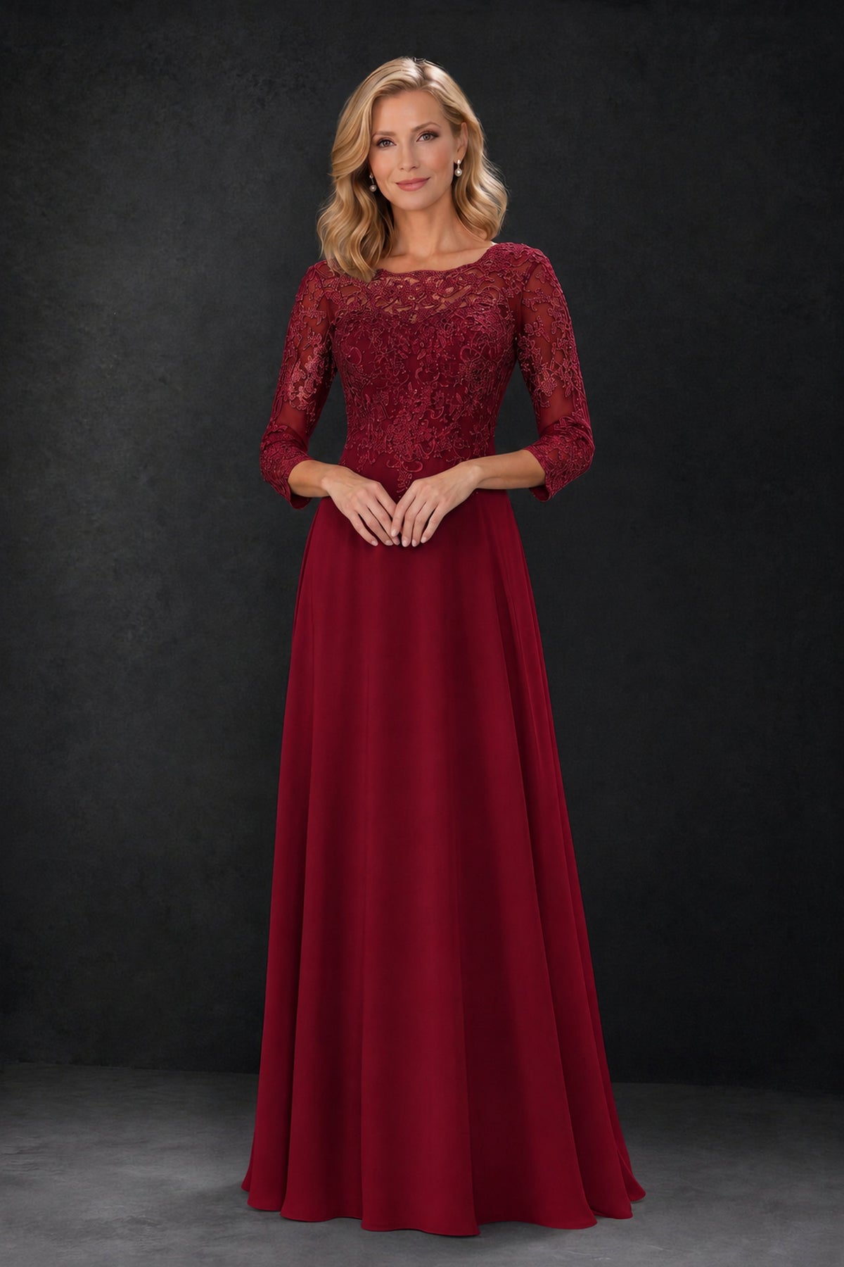 BOLODOO Burgundy Lace Embroidered Mother of the Bride Dress with 3/4 Sleeves - Burgundy