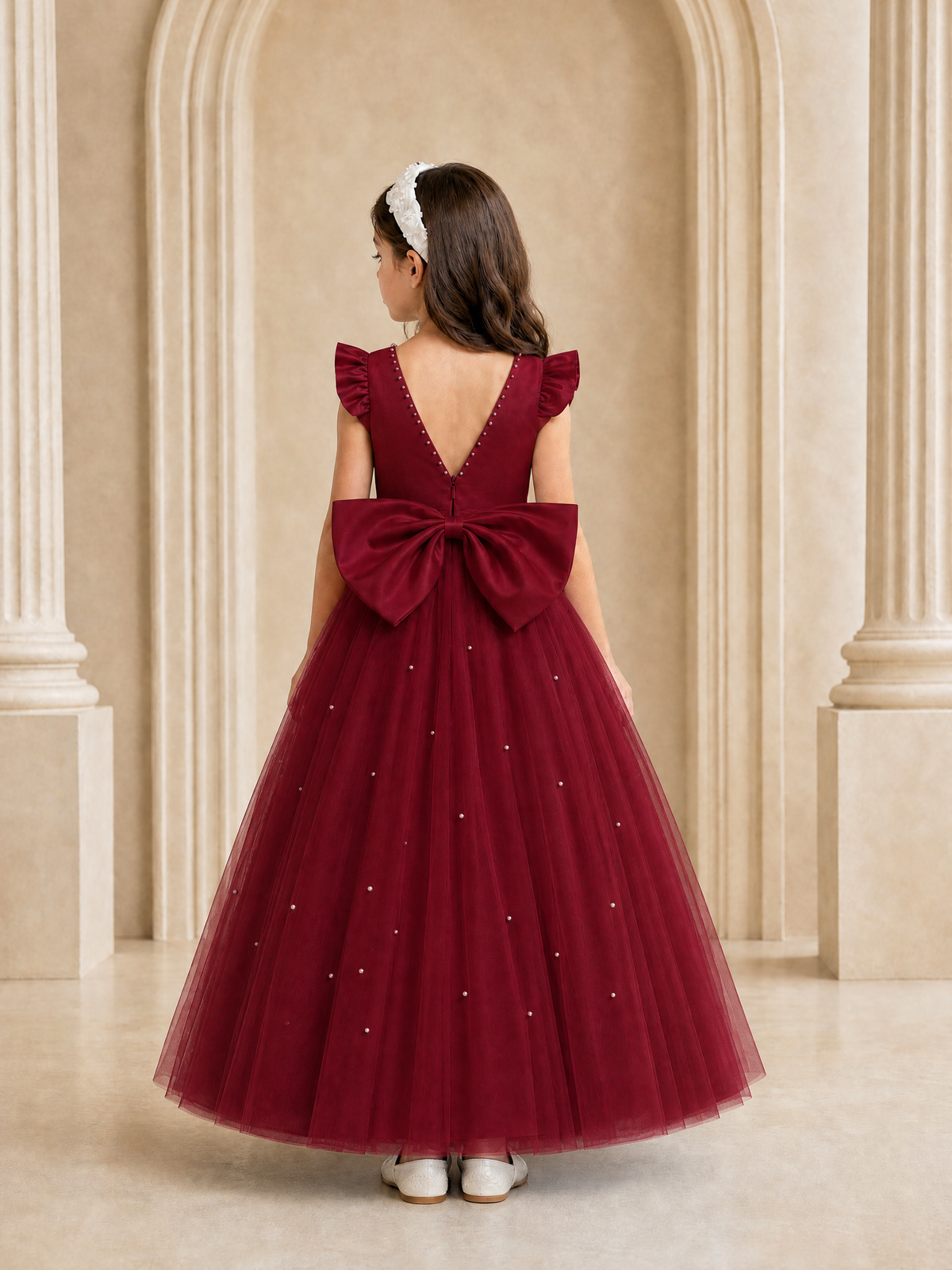 BOLODOO Burgundy Tulle Flower Girl Dress with Ruffle Sleeves & Bow Back - Burgundy - Burgundy_4
