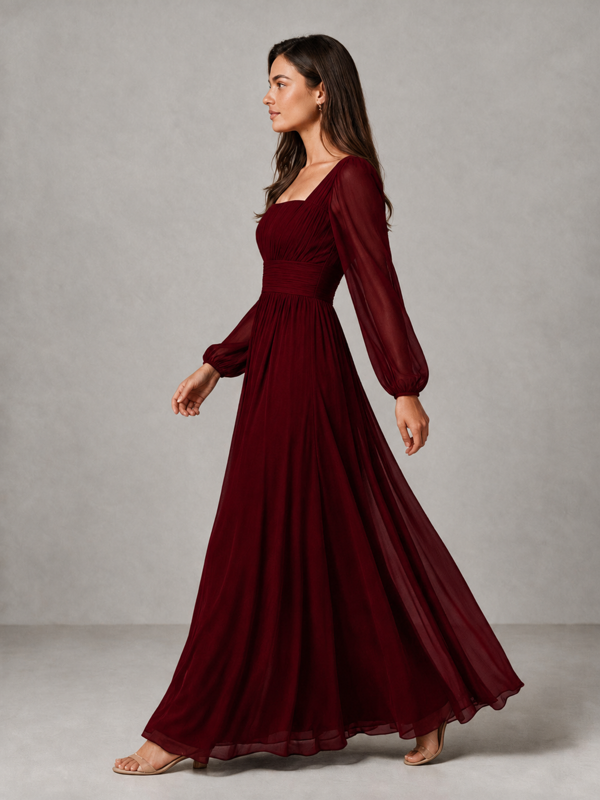 BOLODOO Burgundy Square Neck Long Sleeve Chiffon Bridesmaid Dress - Burgundy - Burgundy_4