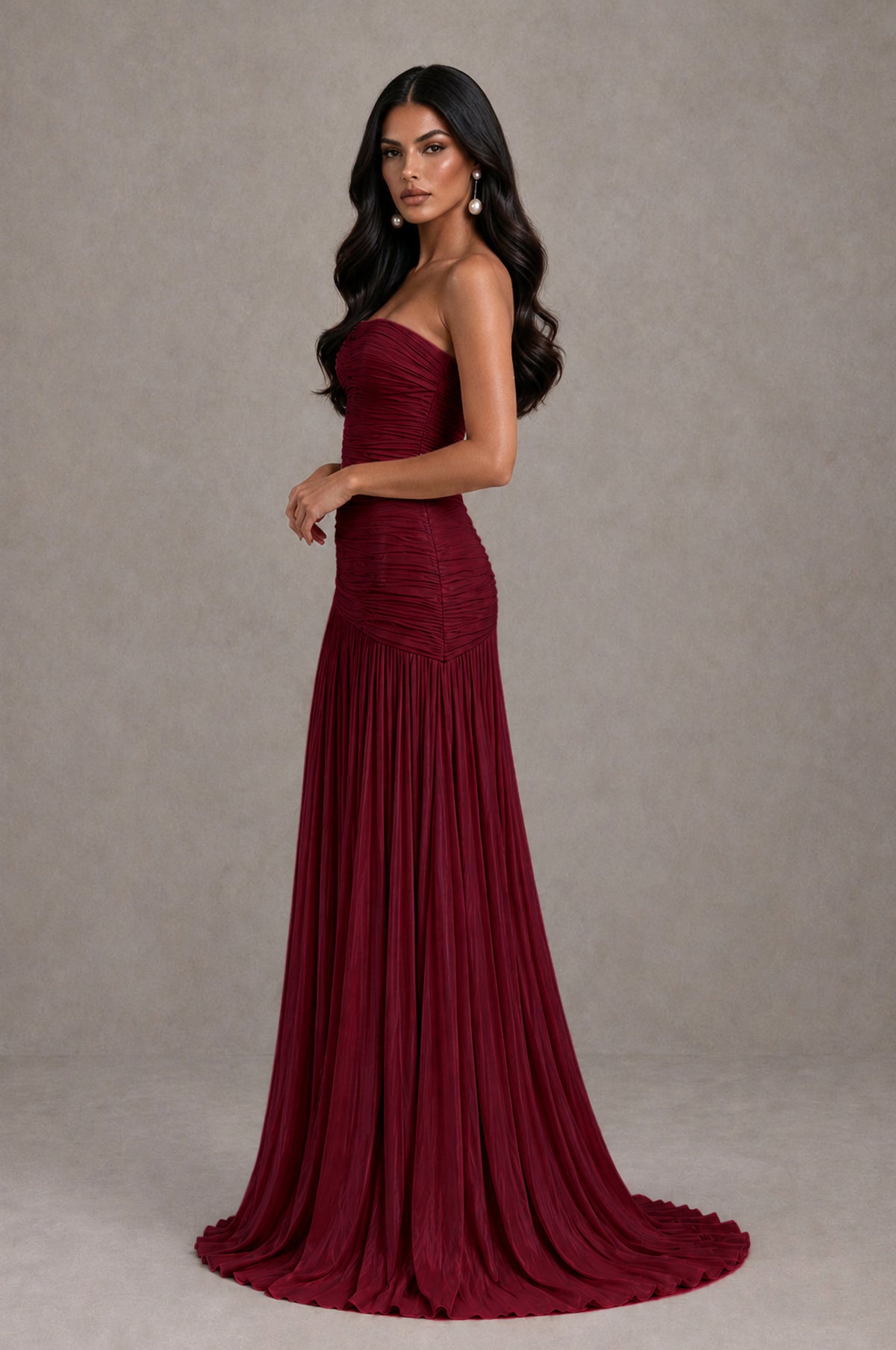 BOLODOO Burgundy Metallic Ruched Strapless Pleated A-Line Backless Maxi Dress with Train - Burgundy - Burgundy_4