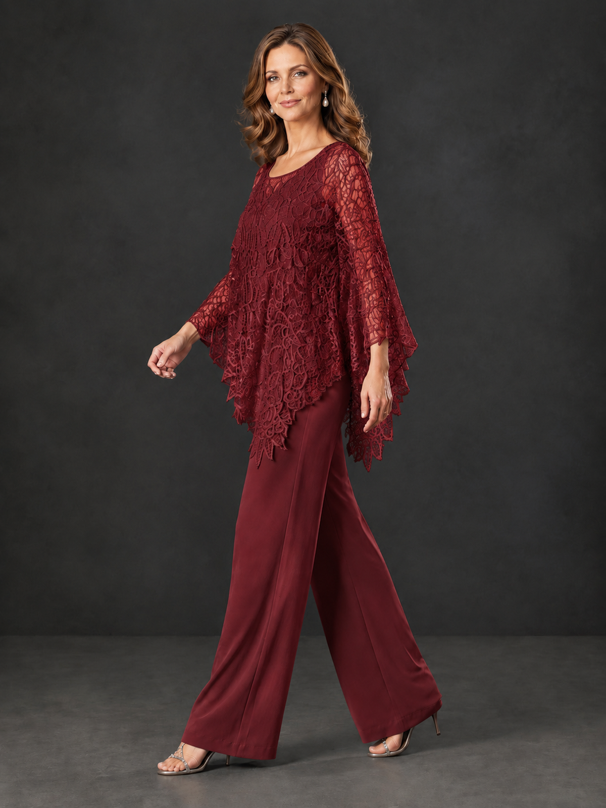 BOLODOO Burgundy Lace Overlay Wide-Leg Pantsuit for Mothers of the Bride - Burgundy