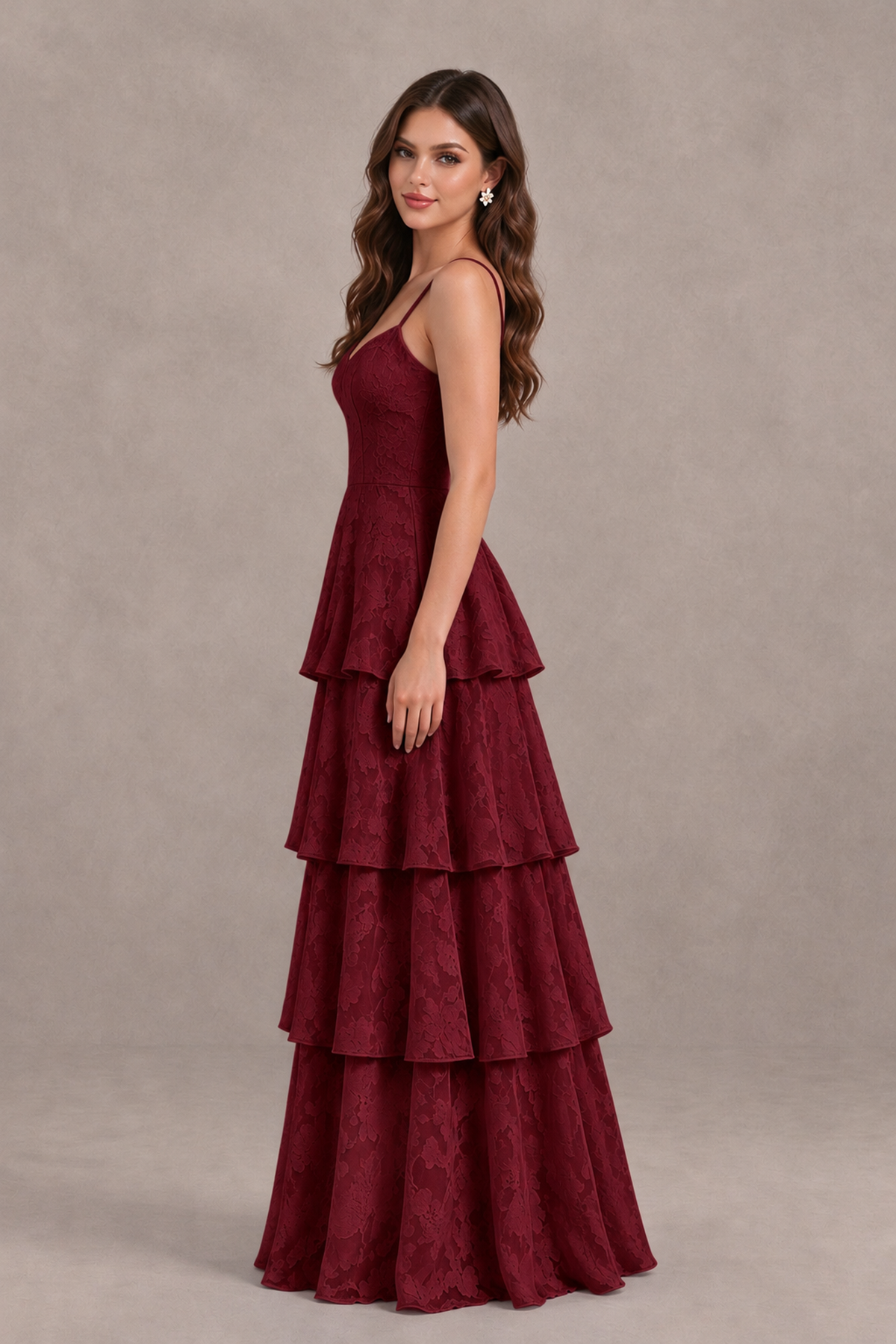 BOLODOO Burgundy Tiered Floral-Textured Spaghetti Strap Maxi Dress - Burgundy - Burgundy_4