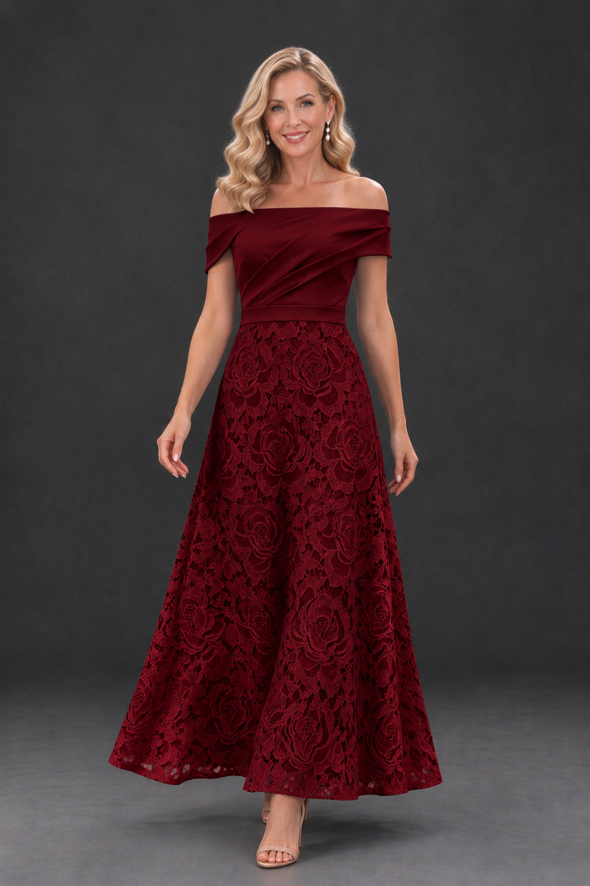 BOLODOO Burgundy Off-the-Shoulder Floral A-Line Mother of the Bride Dress - Burgundy - Burgundy_4