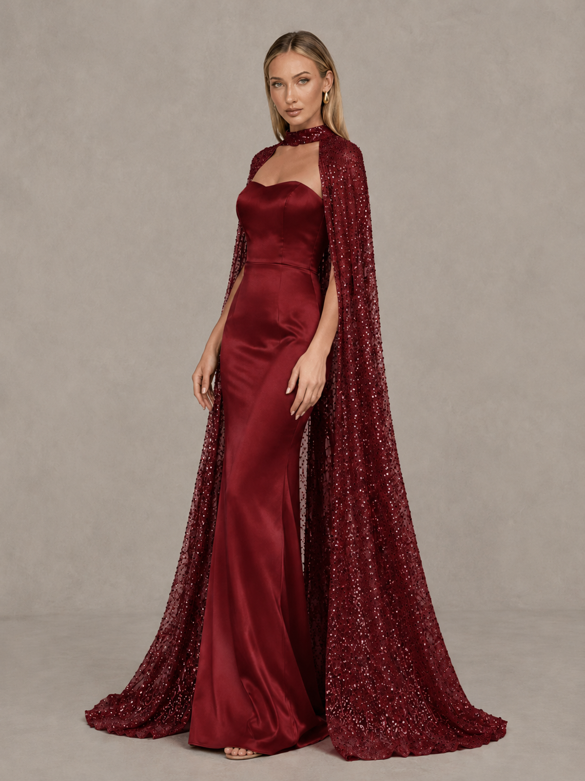 BOLODOO Burgundy Strapless Satin-Look Evening Gown with Sequin Cape - Burgundy - Burgundy_4