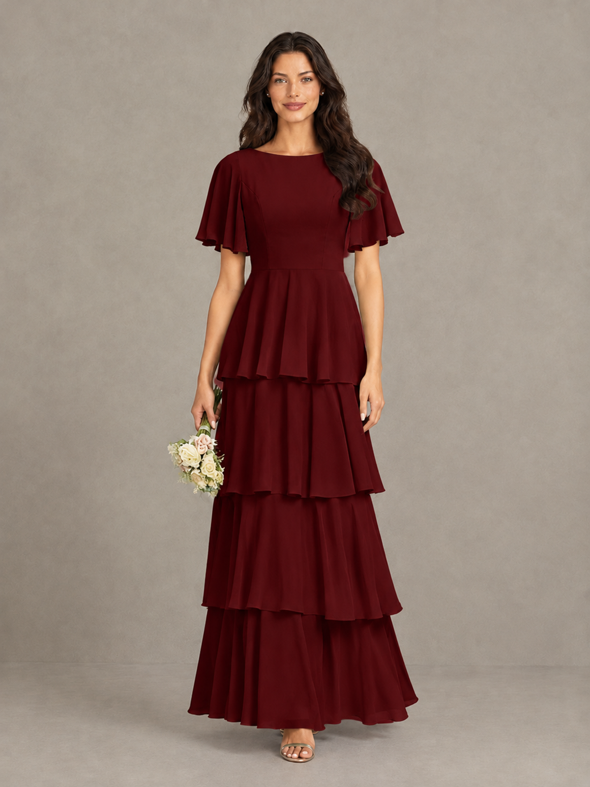 BOLODOO Burgundy Tiered Flutter Sleeve Bridesmaid Dress - Burgundy - Burgundy_4