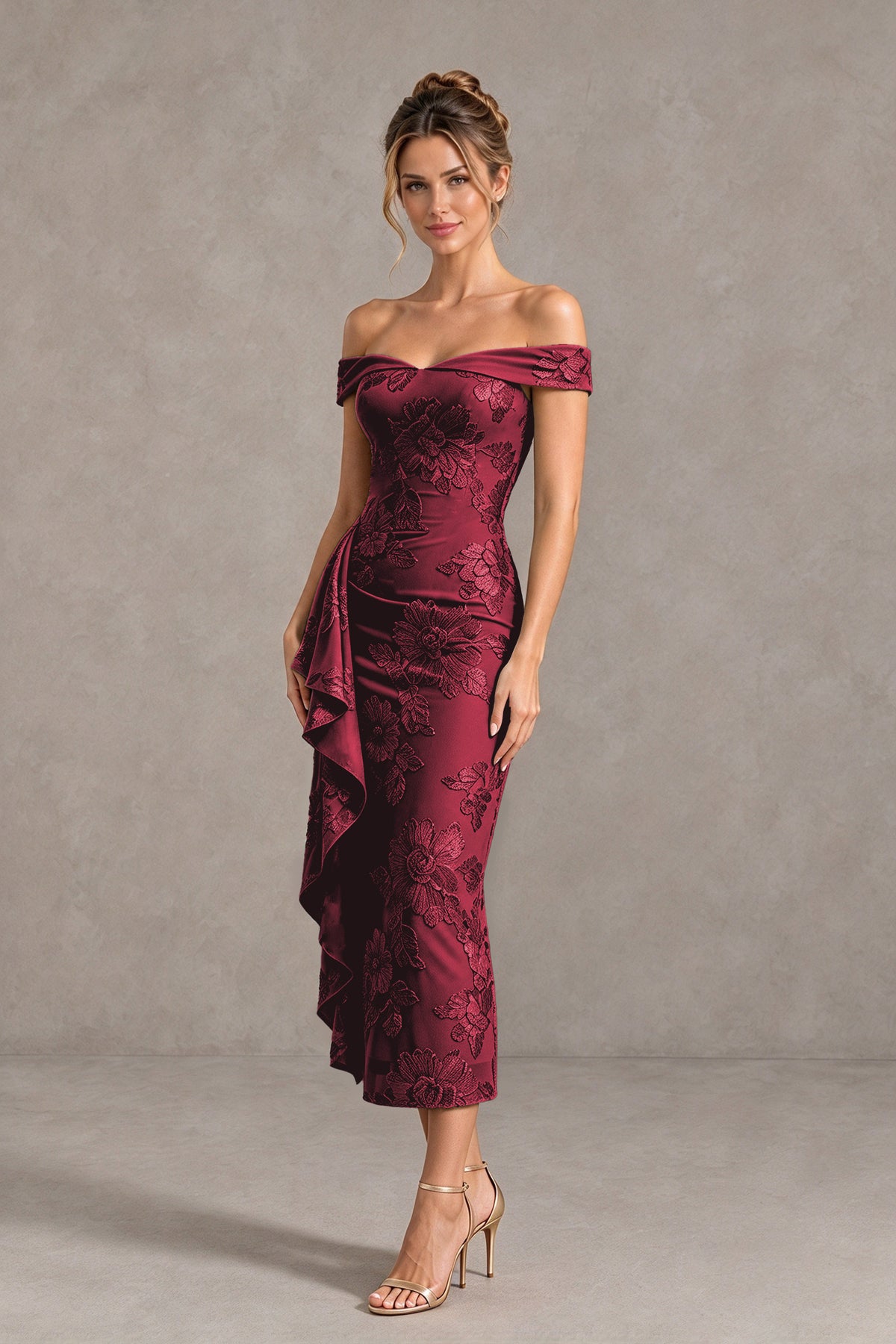 BOLODOO Burgundy Off Shoulder Floral Jacquard Midi Dress - Burgundy - Burgundy(4)