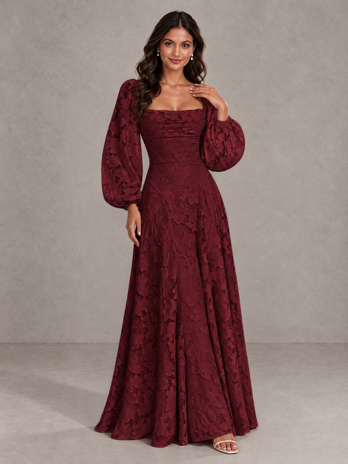 BOLODOO Burgundy Floral Long Sleeve A-Line Bridesmaid Dress - Burgundy - Burgundy_4