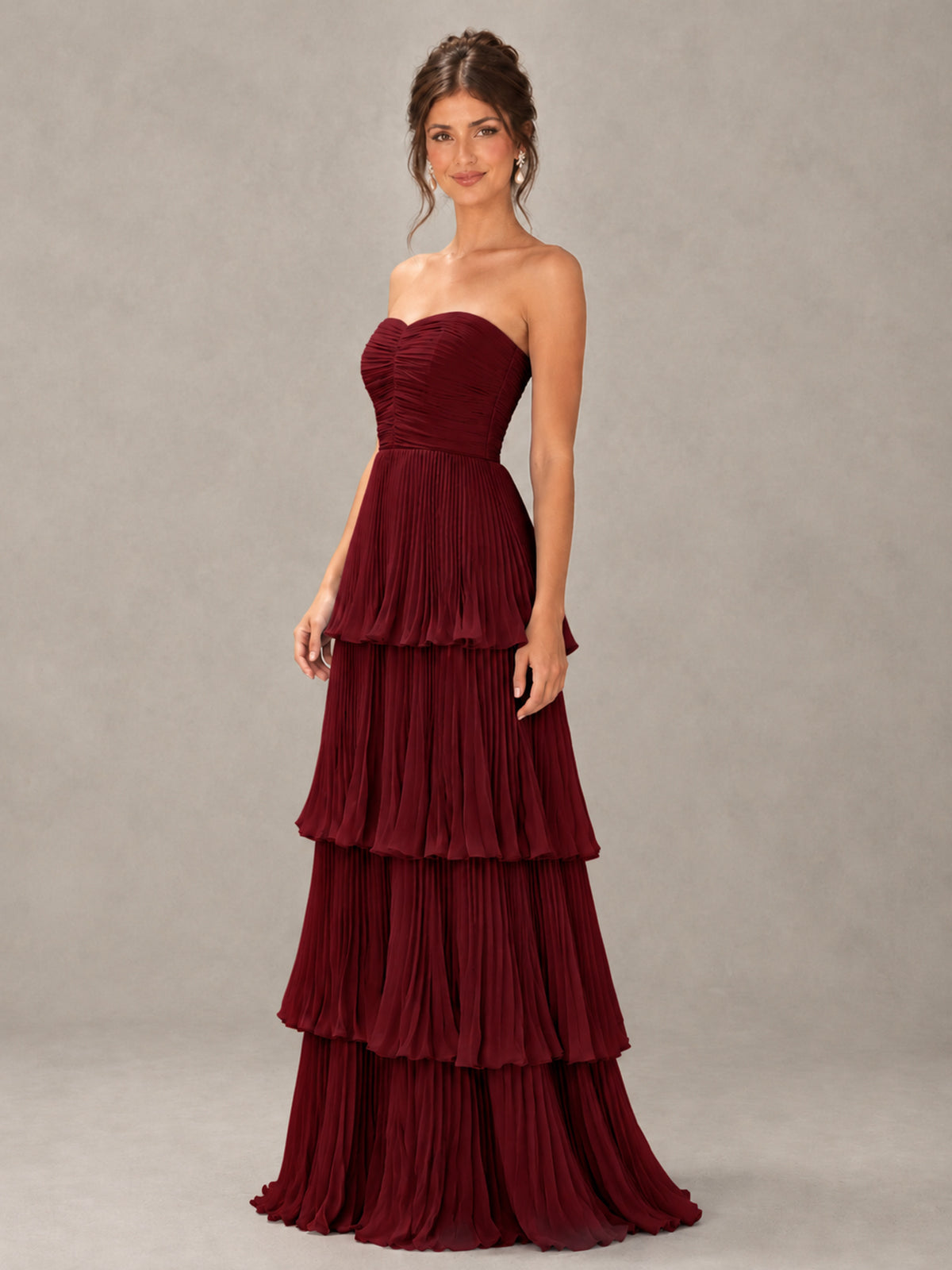 BOLODOO Burgundy Strapless Tiered Pleated Bridesmaid Dress - Burgundy - Burgundy_4
