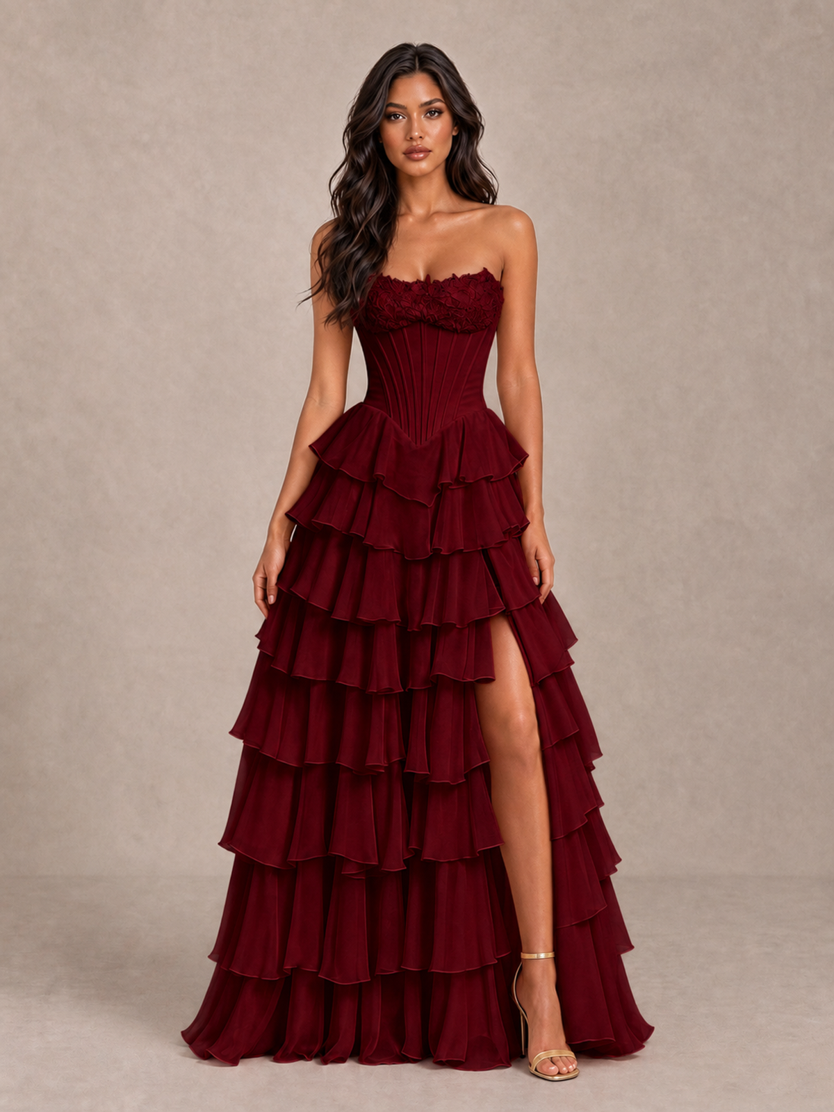BOLODOO Burgundy Strapless Corset Tiered Ruffle Prom Dress with High Slit - Burgundy - Burgundy_4