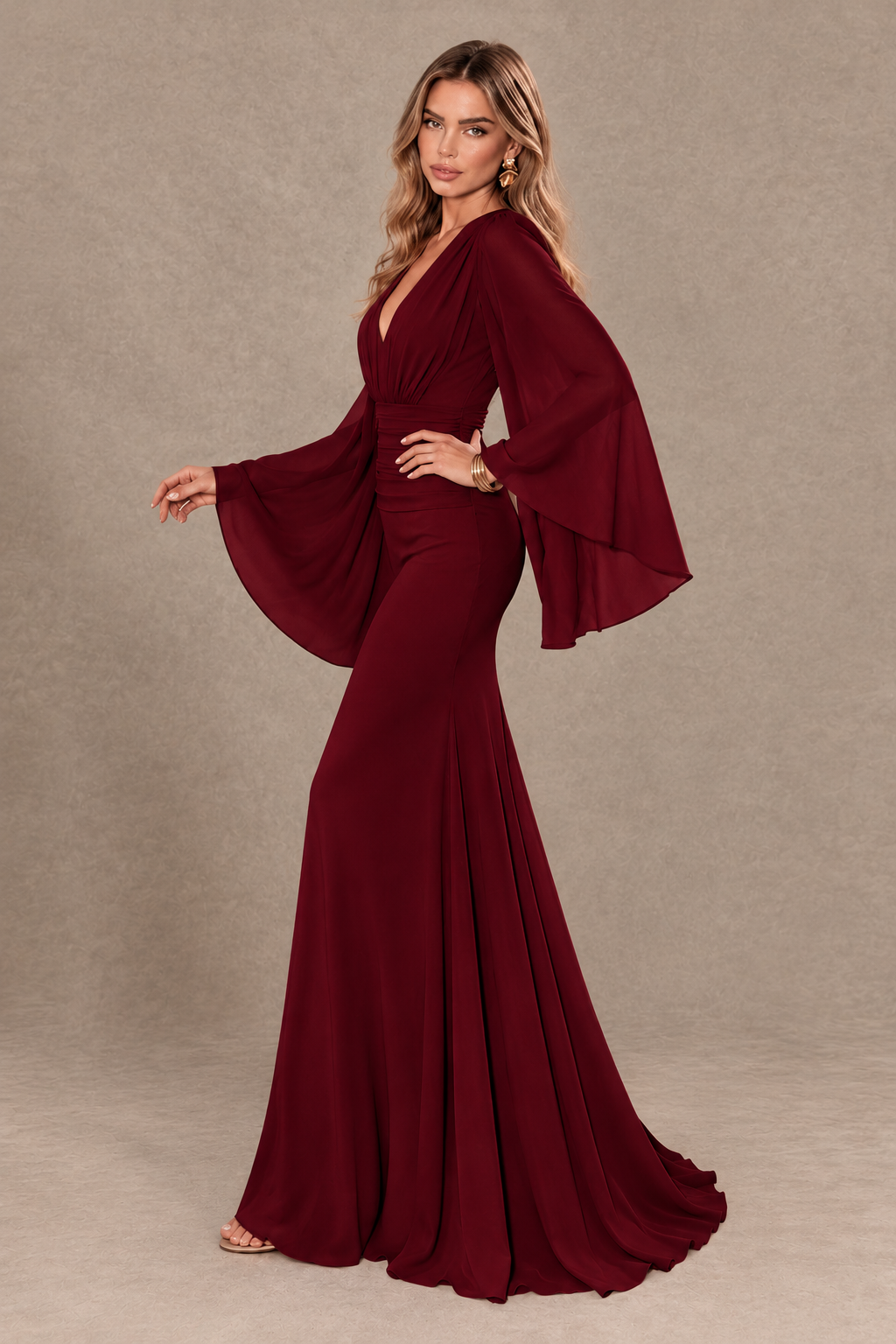 BOLODOO Burgundy Cape Sleeve V-Neck Ruched Chiffon Evening Dress - Burgundy - Burgundy_4