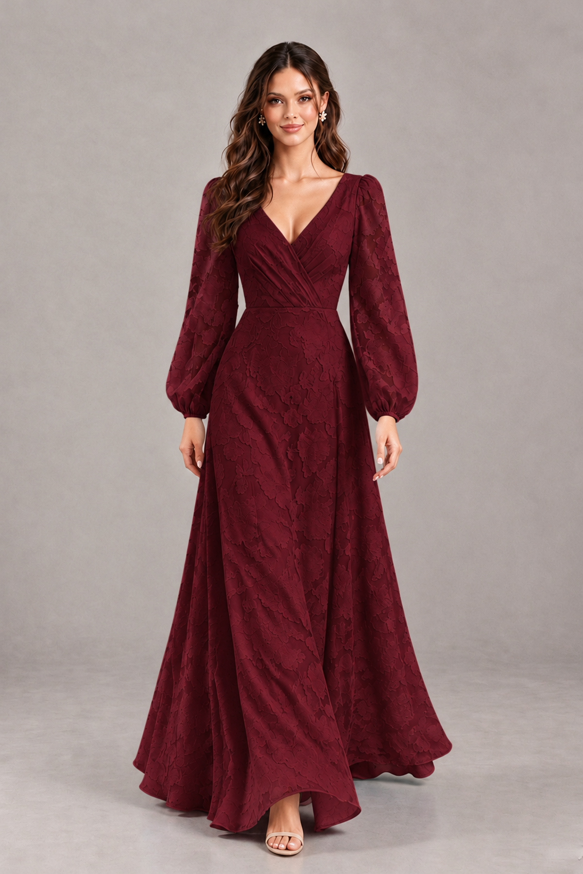 BOLODOO Burgundy Long Sleeve V-Neck A-Line Mother of the Bride Dress - Burgundy - Burgundy_4