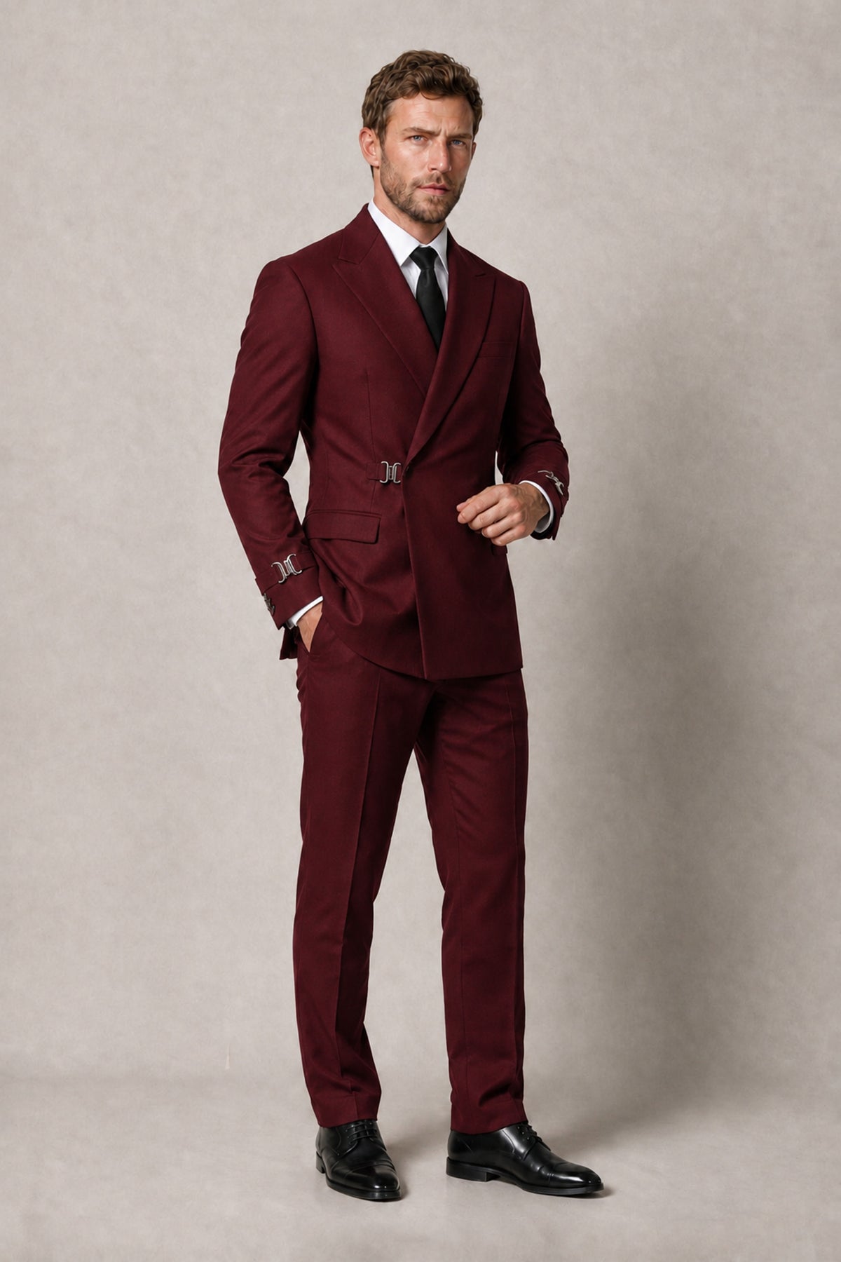 BOLODOO Men's Burgundy Double-Breasted 2-Piece Suit Set – Blazer & Tailored Trousers - Burgundy