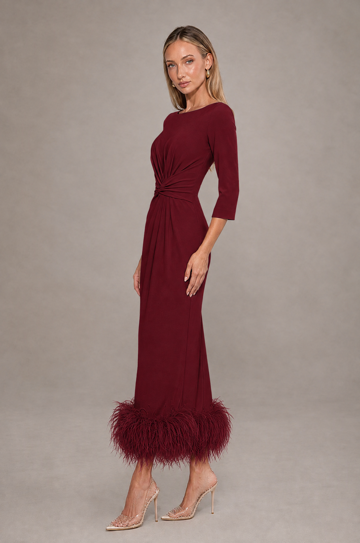 BOLODOO Burgundy Feather-Trim Twist-Waist Midi Dress - Burgundy - Burgundy_4