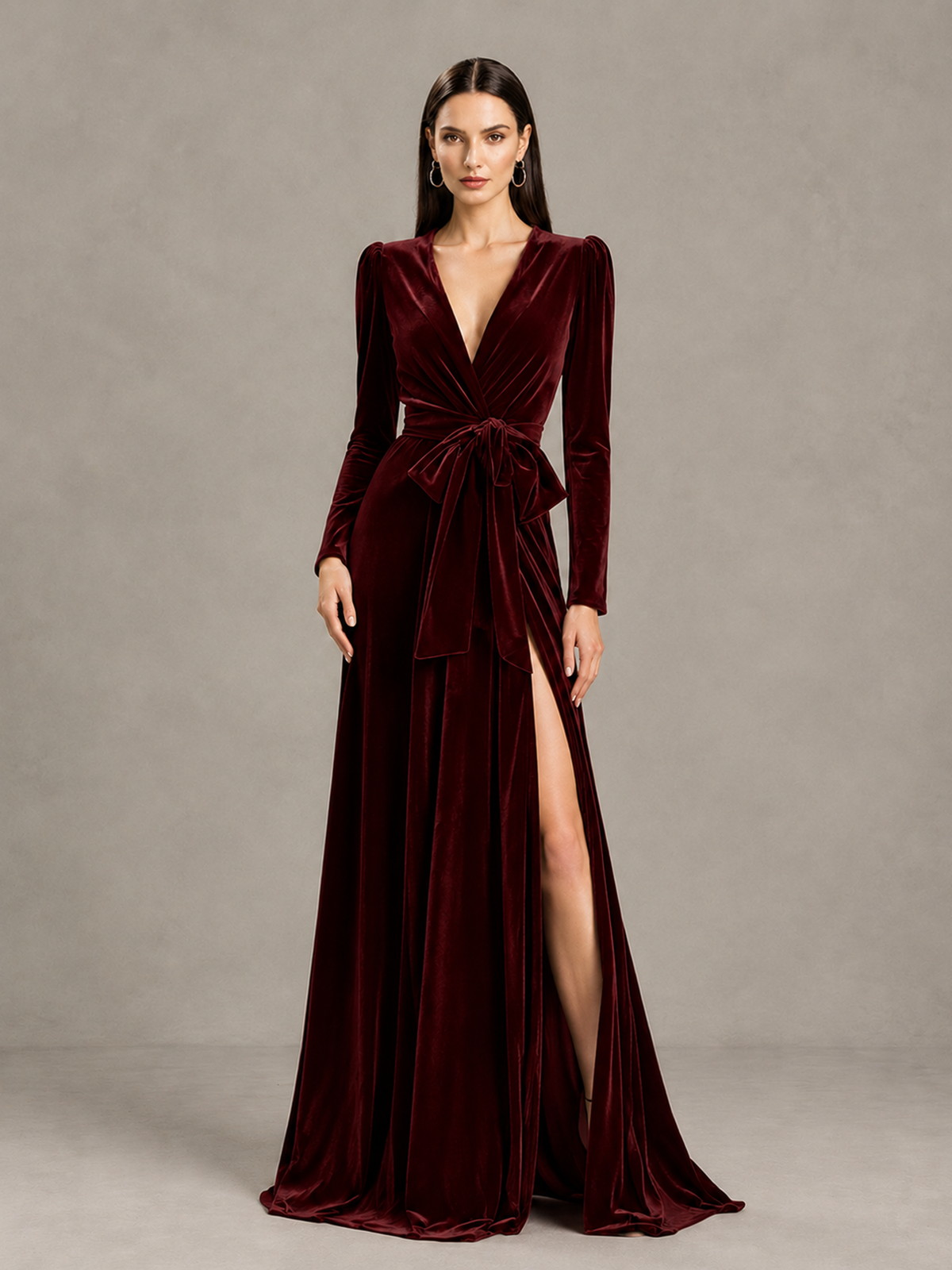 BOLODOO Burgundy Long Sleeve Velvet-Look Evening Dress with High Slit - Burgundy - Burgundy_4