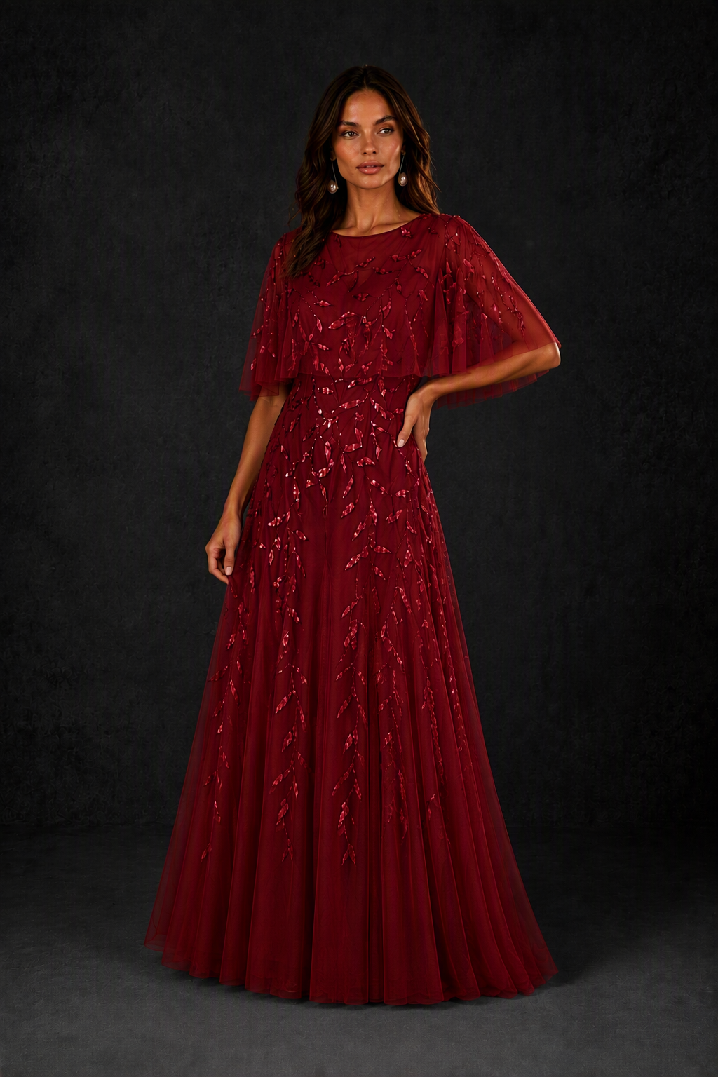 BOLODOO Burgundy Sequin Leaf Embroidered Flutter Sleeve Maxi Dress – A-Line Floor Length Mother of the Bride Gown - Burgundy
