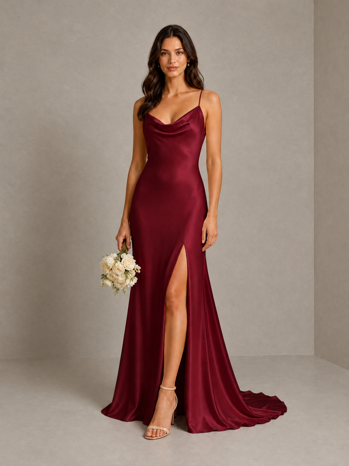 BOLODOO Burgundy Satin Cowl Neck Bridesmaid Dress with Open Back & Side Slit - Burgundy - Burgundy (1)