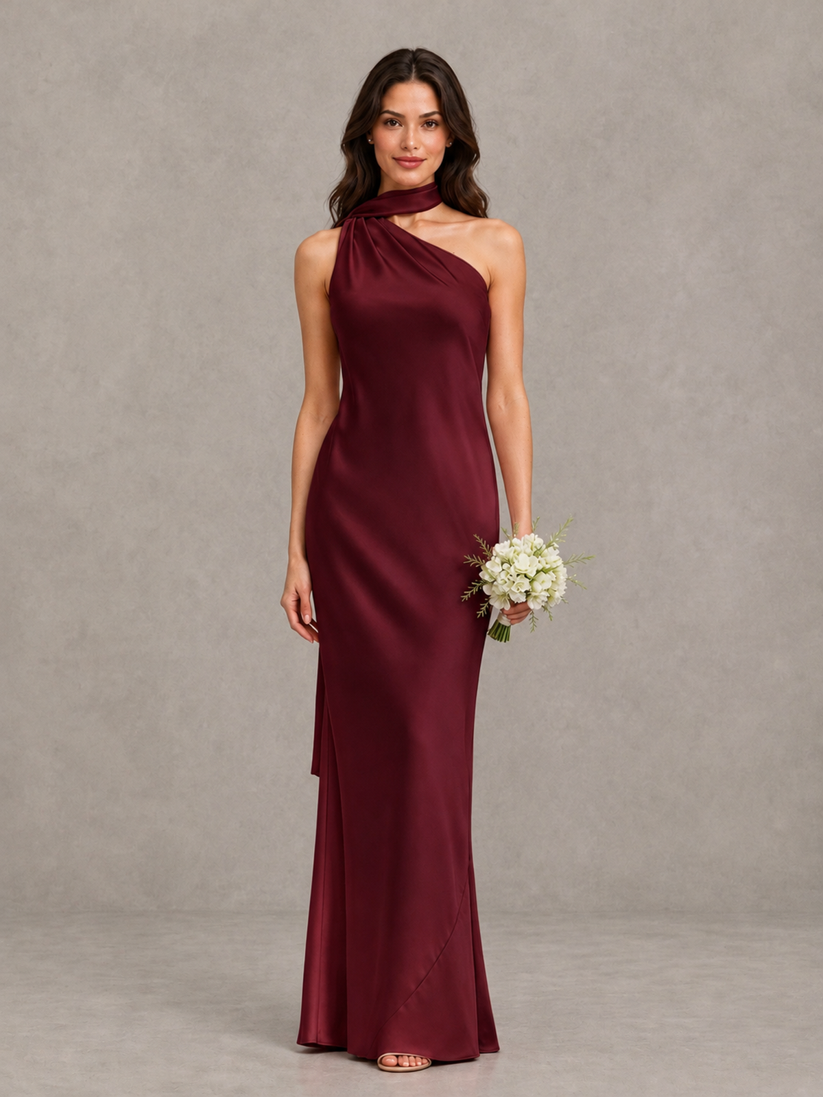 BOLODOO Burgundy Satin One-Shoulder Bridesmaid Dress with Open Back - Burgundy - Burgundy (1)