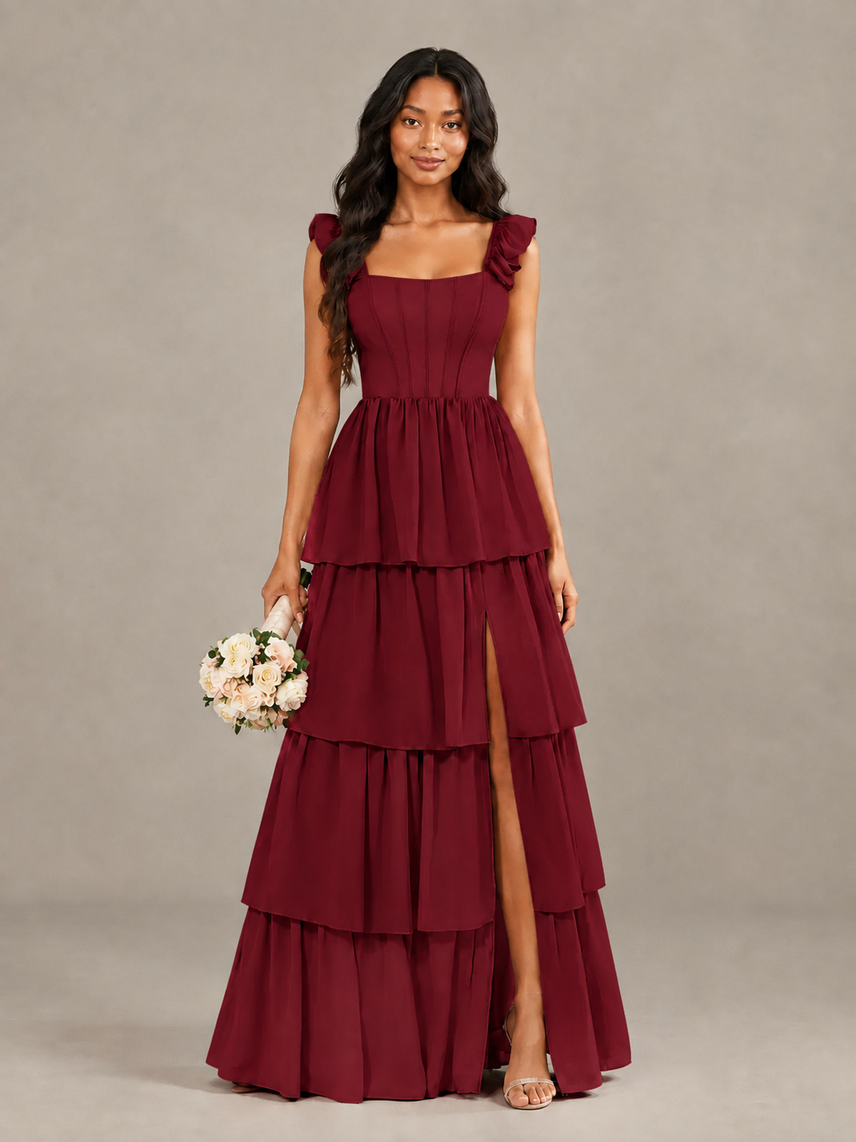 BOLODOO Burgundy Tiered Maxi Bridesmaid Dress with Slit - Burgundy