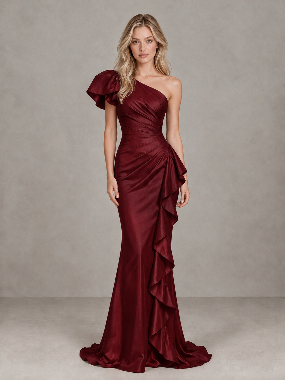 BOLODOO Burgundy One-Shoulder Satin-Look Mermaid Evening Dress with Ruffles - Burgundy - Burgundy (1)