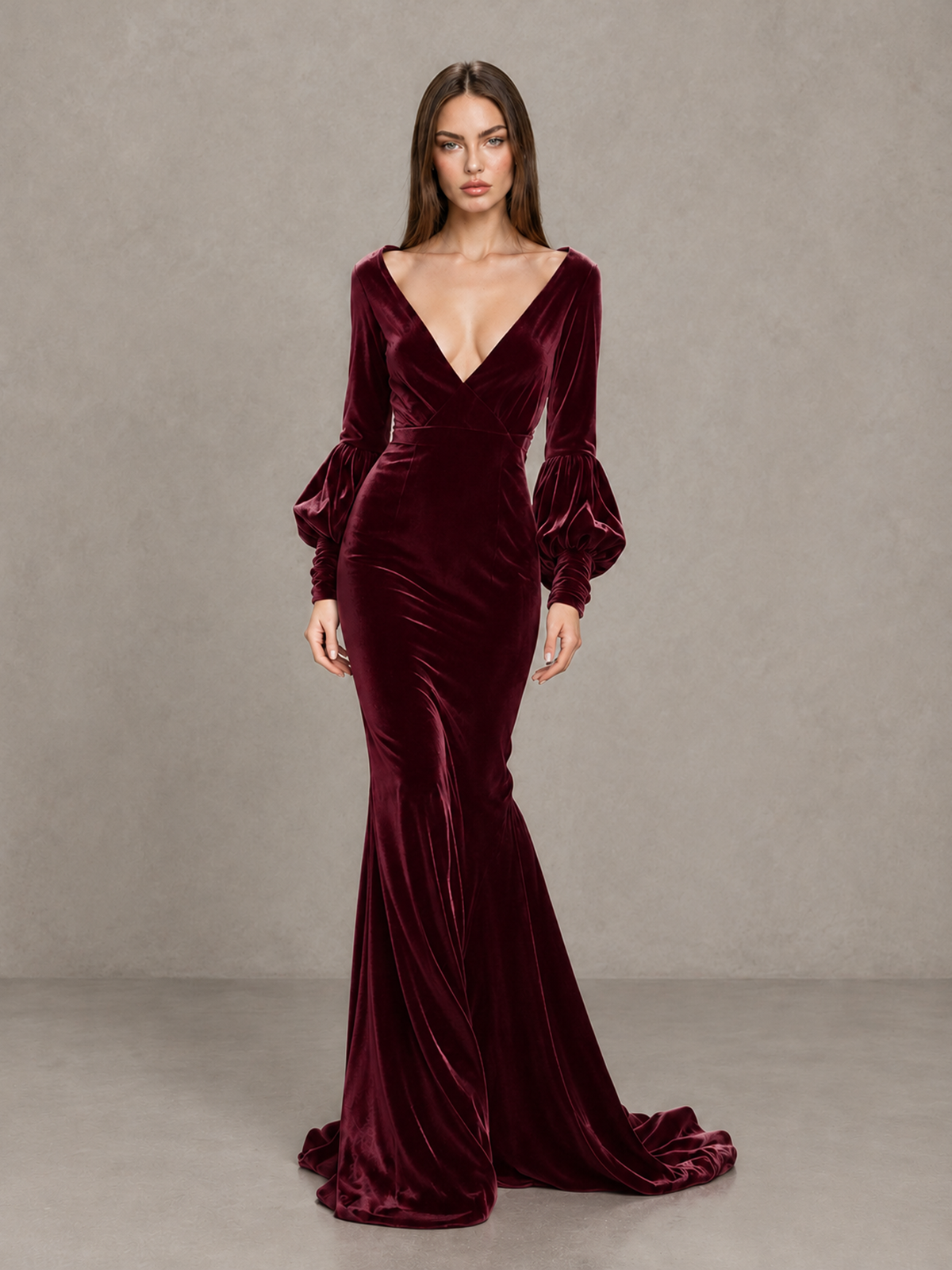 BOLODOO Burgundy Velvet V-Neck Long Sleeve Open Back Mermaid Evening Gown - Burgundy - Burgundy (1)