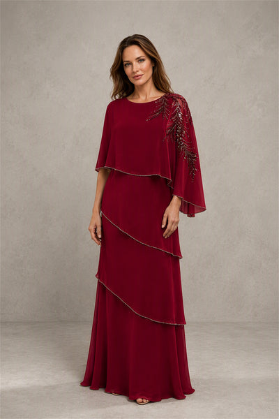BOLODOO Burgundy Mocha Asymmetric Cape Sleeve Burgundy Sequin Embroidered Pearl Trim Tiered Chiffon Gown - Burgundy